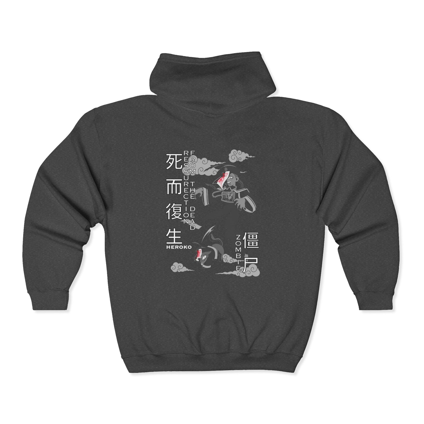 Spooky Unisex Full Zipped Hoodie, Chinese Ancient Zombies B&W Design on Back