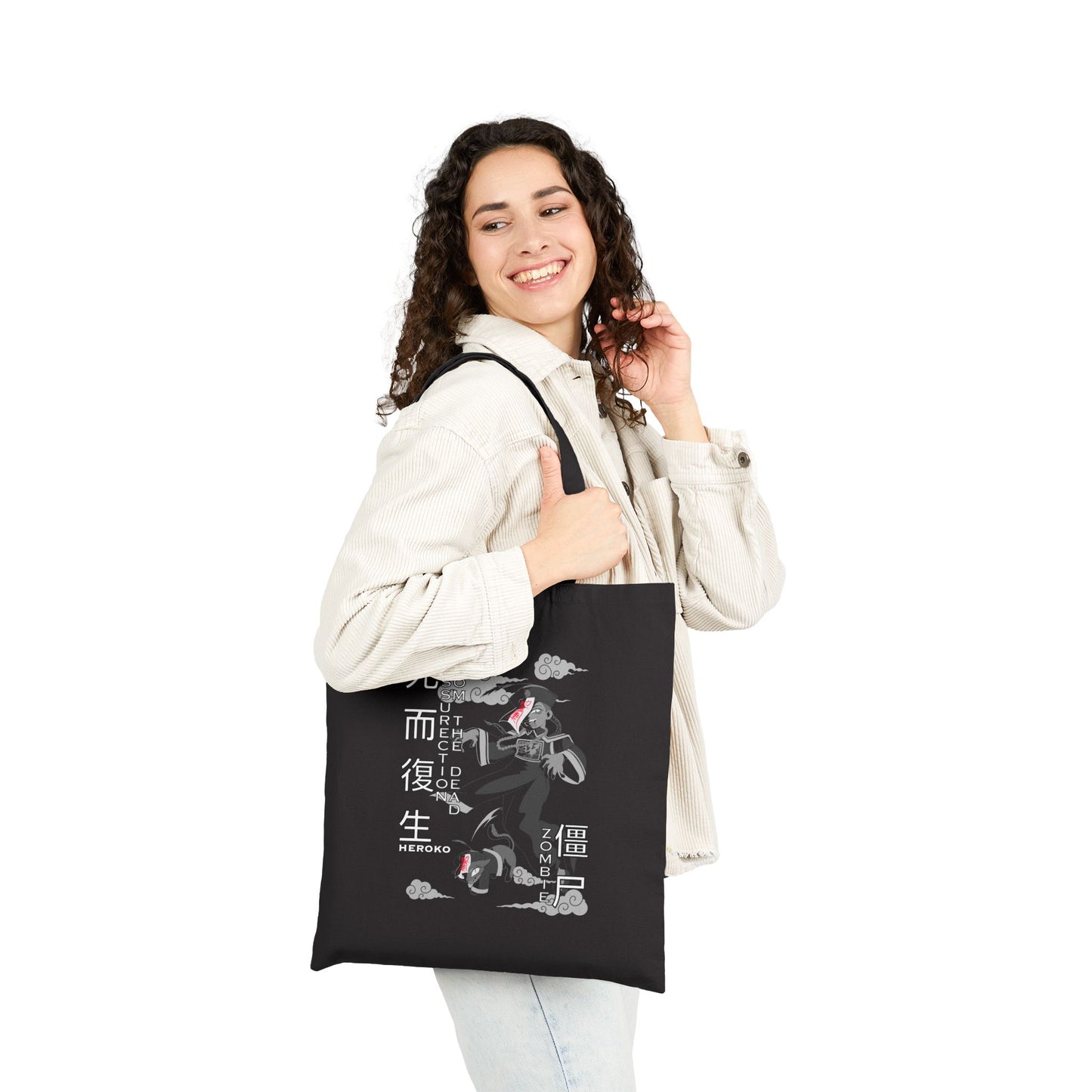 Spooky Canvas Tote Bag, Chinese Ancient Zombies B&W Design