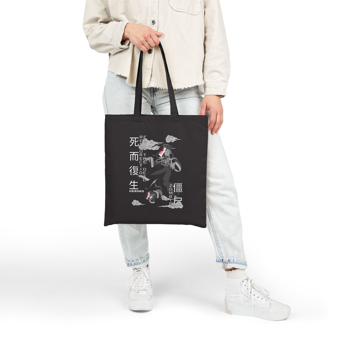 Spooky Canvas Tote Bag, Chinese Ancient Zombies B&W Design