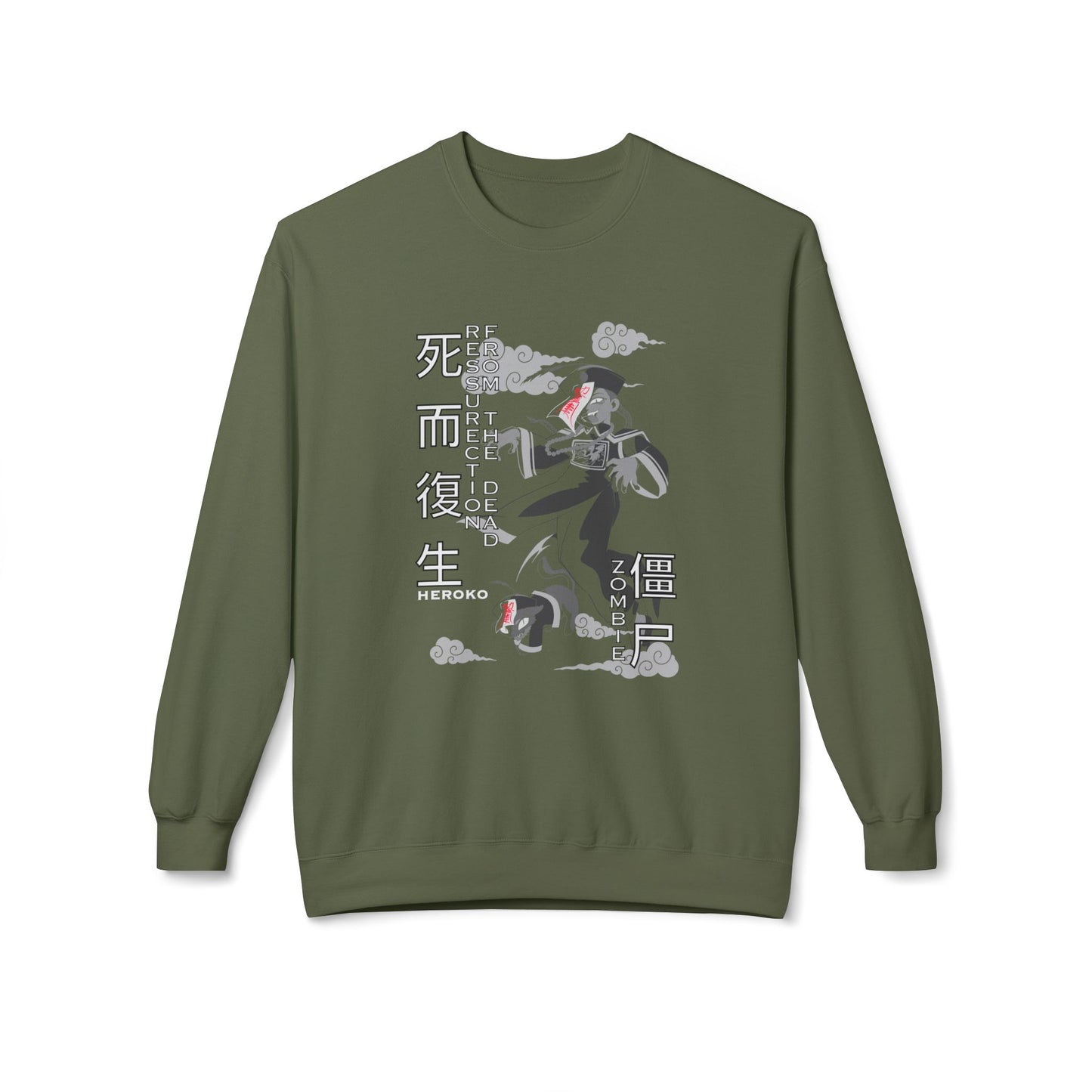 Halloween Unisex Crewneck Sweatshirt, Chinese Ancient Zombies B&W Design