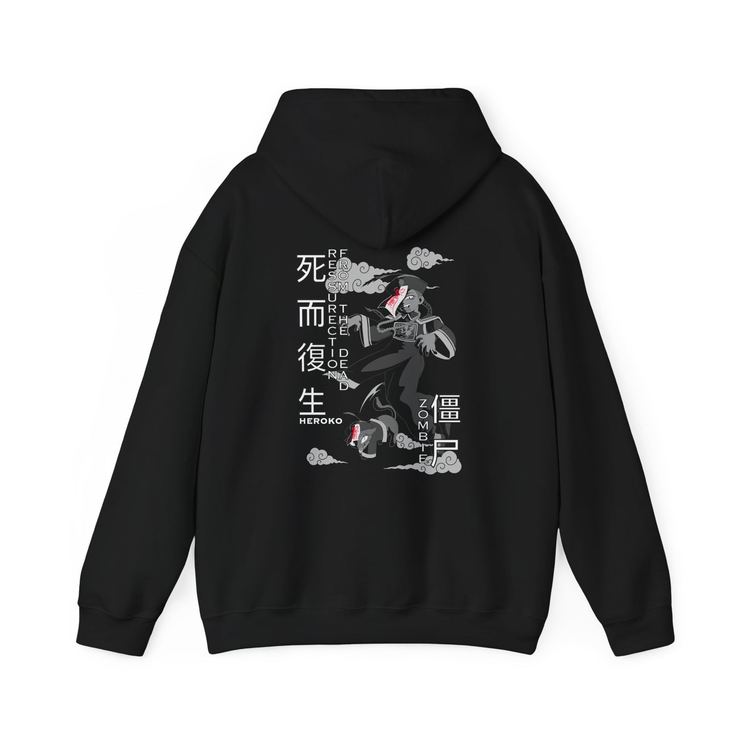 Spooky Unisex Hoodie, Chinese Ancient Zombies B&W Design on Back