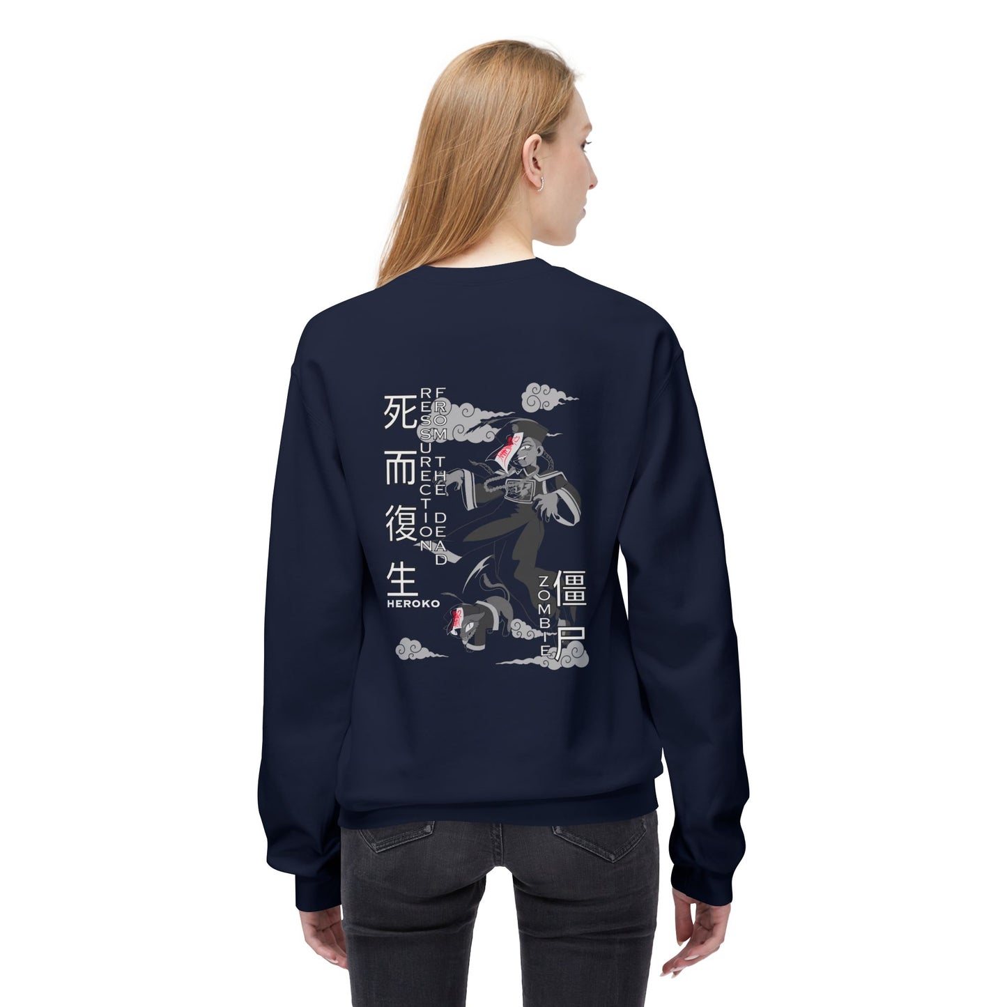 Spooky Unisex Crewneck Sweatshirt, Chinese Ancient Zombies B&W Design on Back