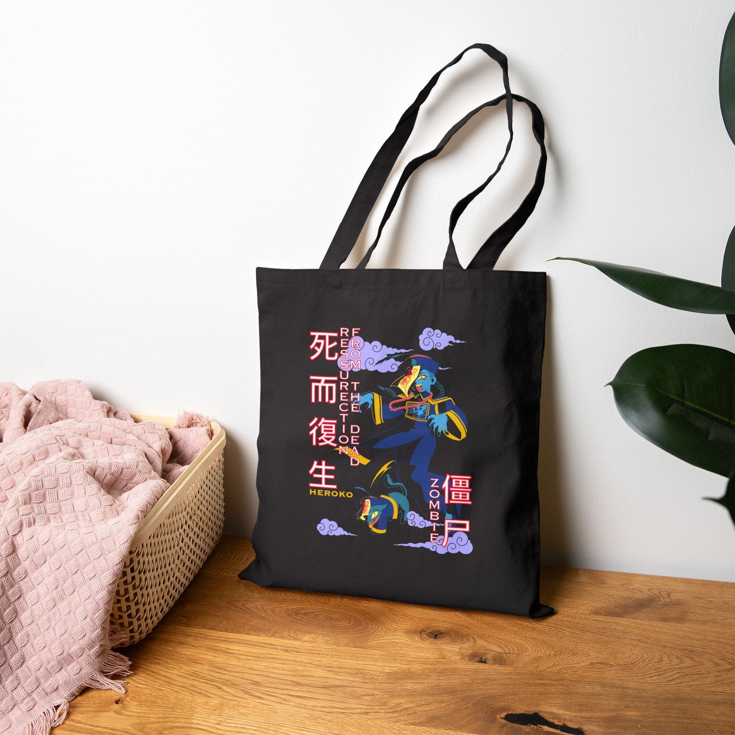 Spooky Canvas Tote Bag, Chinese Ancient Zombies Design