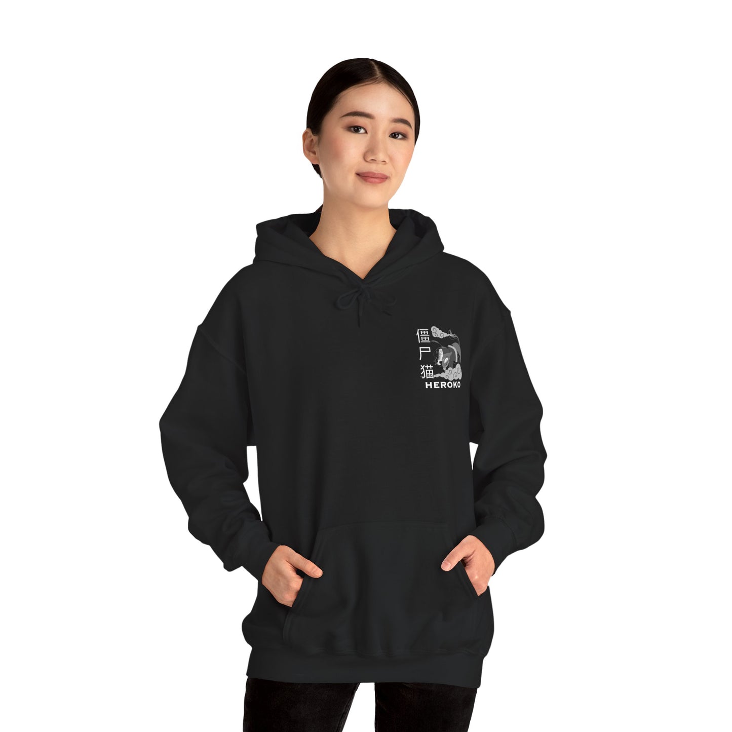 Spooky Unisex Hoodie, Chinese Ancient Zombie Cat B&W Design