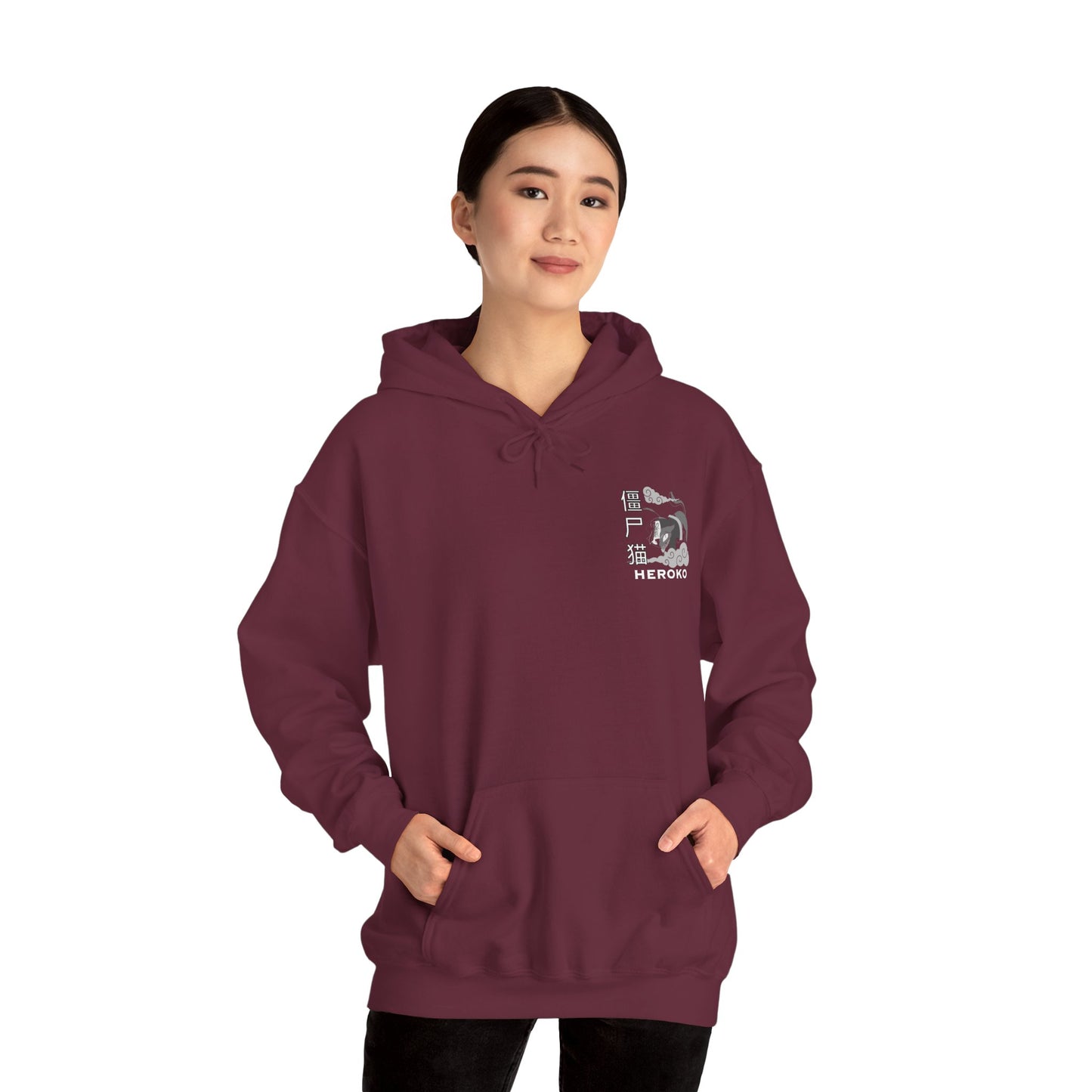 Spooky Unisex Hoodie, Chinese Ancient Zombie Cat B&W Design