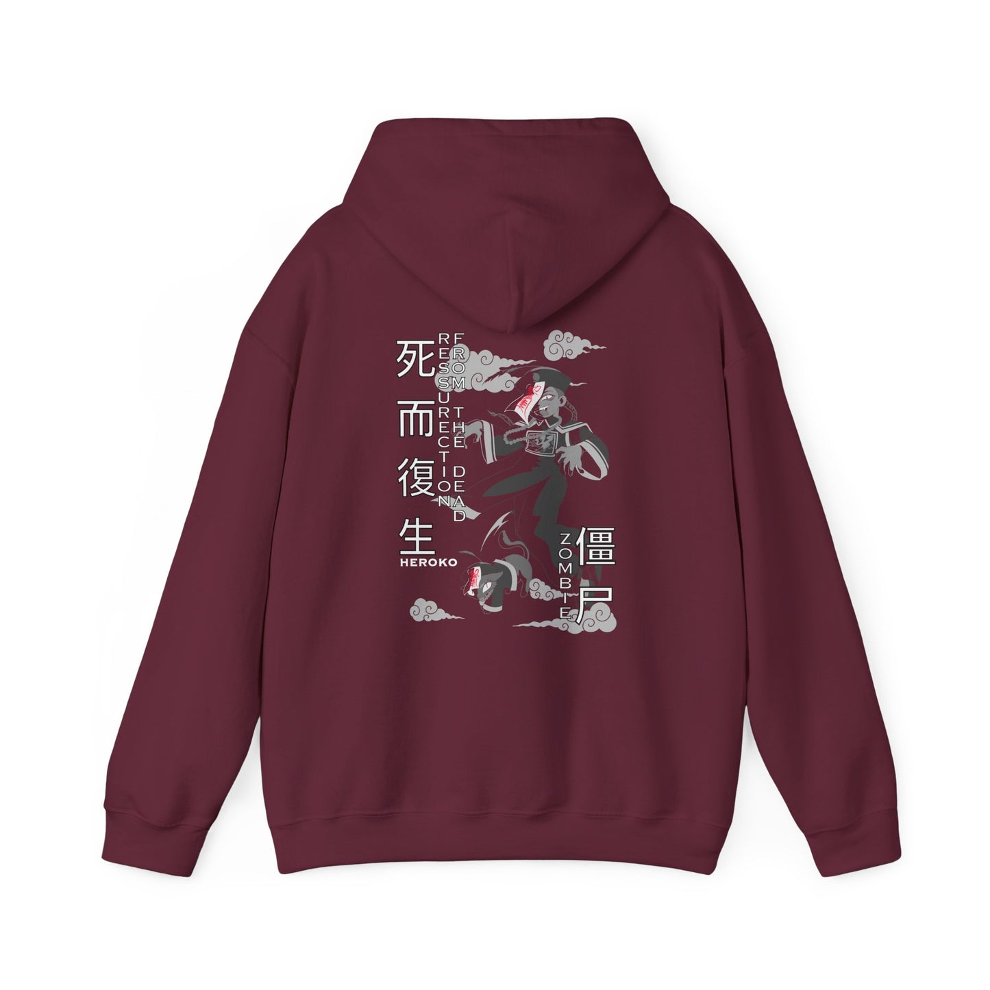 Spooky Unisex Hoodie, Chinese Ancient Zombies B&W Design on Back
