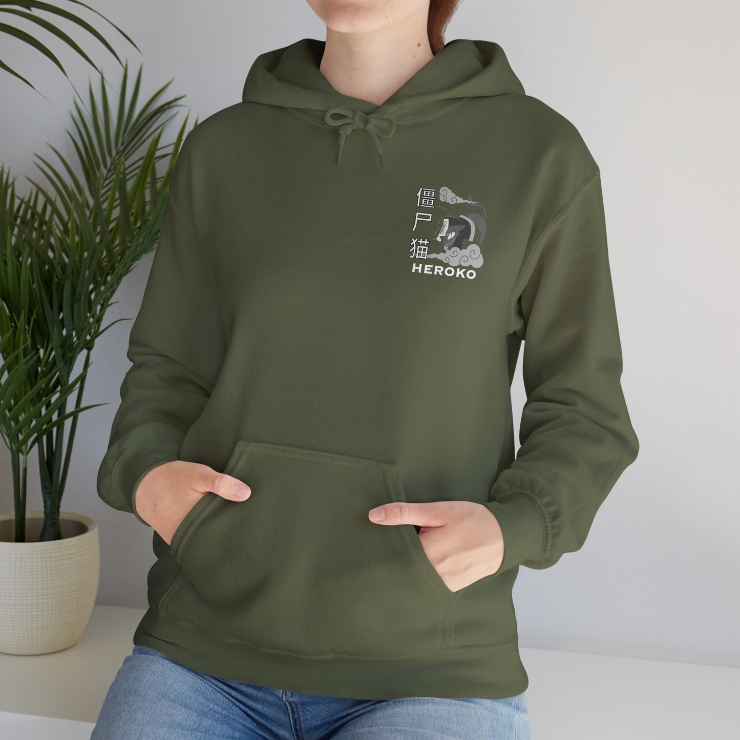 Spooky Unisex Hoodie, Chinese Ancient Zombie Cat B&W Design