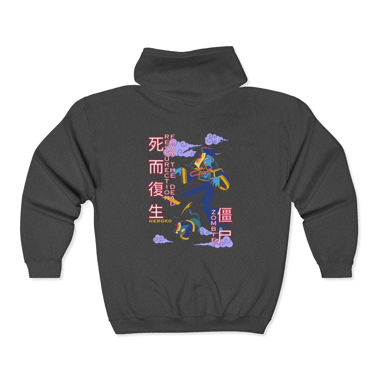 Spooky Unisex Full Zipped Hoodie, Chinese Ancient Zombies Design on Back
