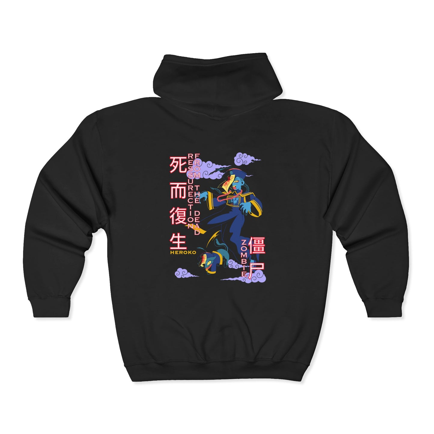 Spooky Unisex Full Zipped Hoodie, Chinese Ancient Zombies Design on Back