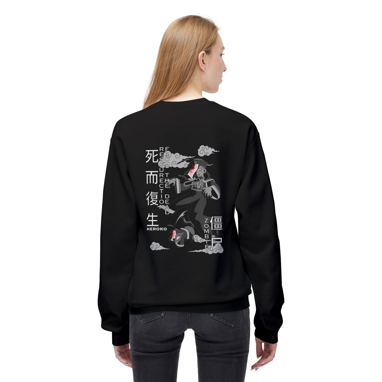Spooky Unisex Crewneck Sweatshirt, Chinese Ancient Zombies B&W Design on Back