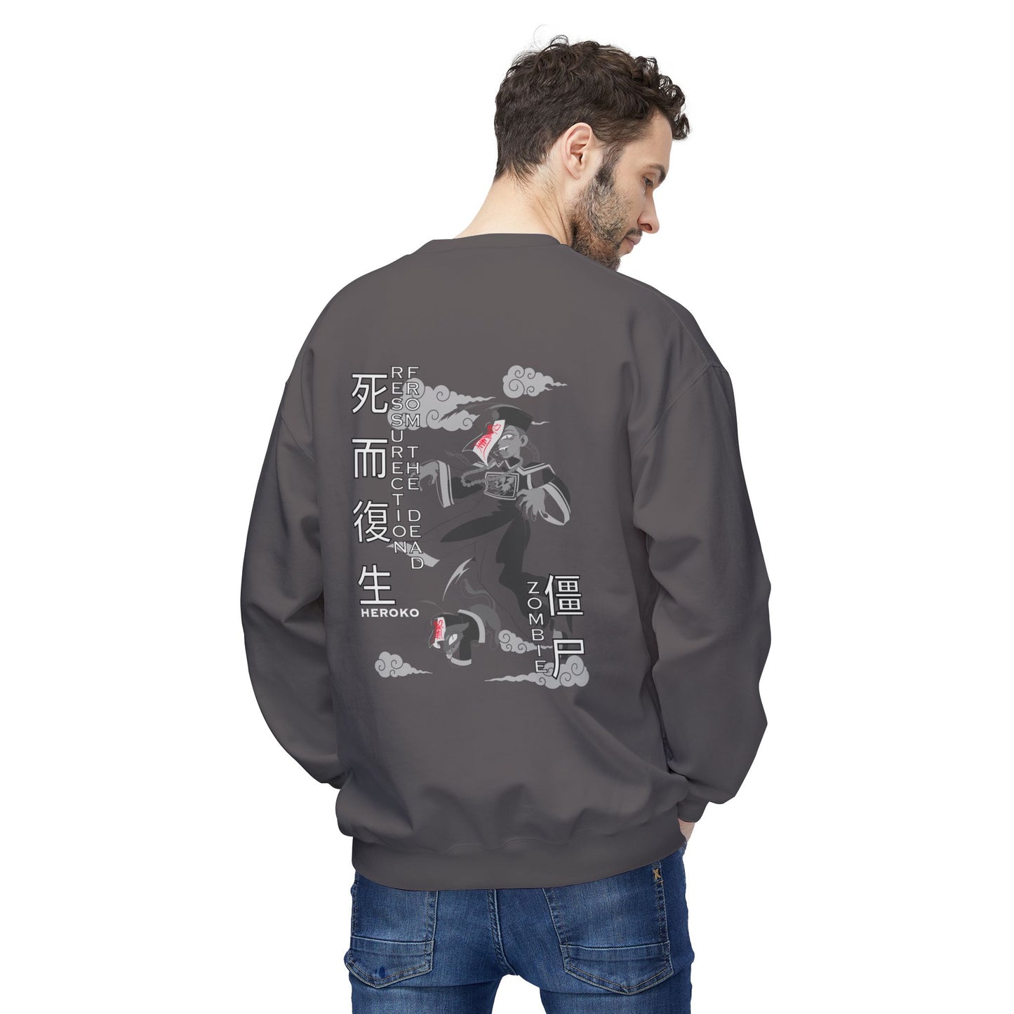 Spooky Unisex Crewneck Sweatshirt, Chinese Ancient Zombies B&W Design on Back
