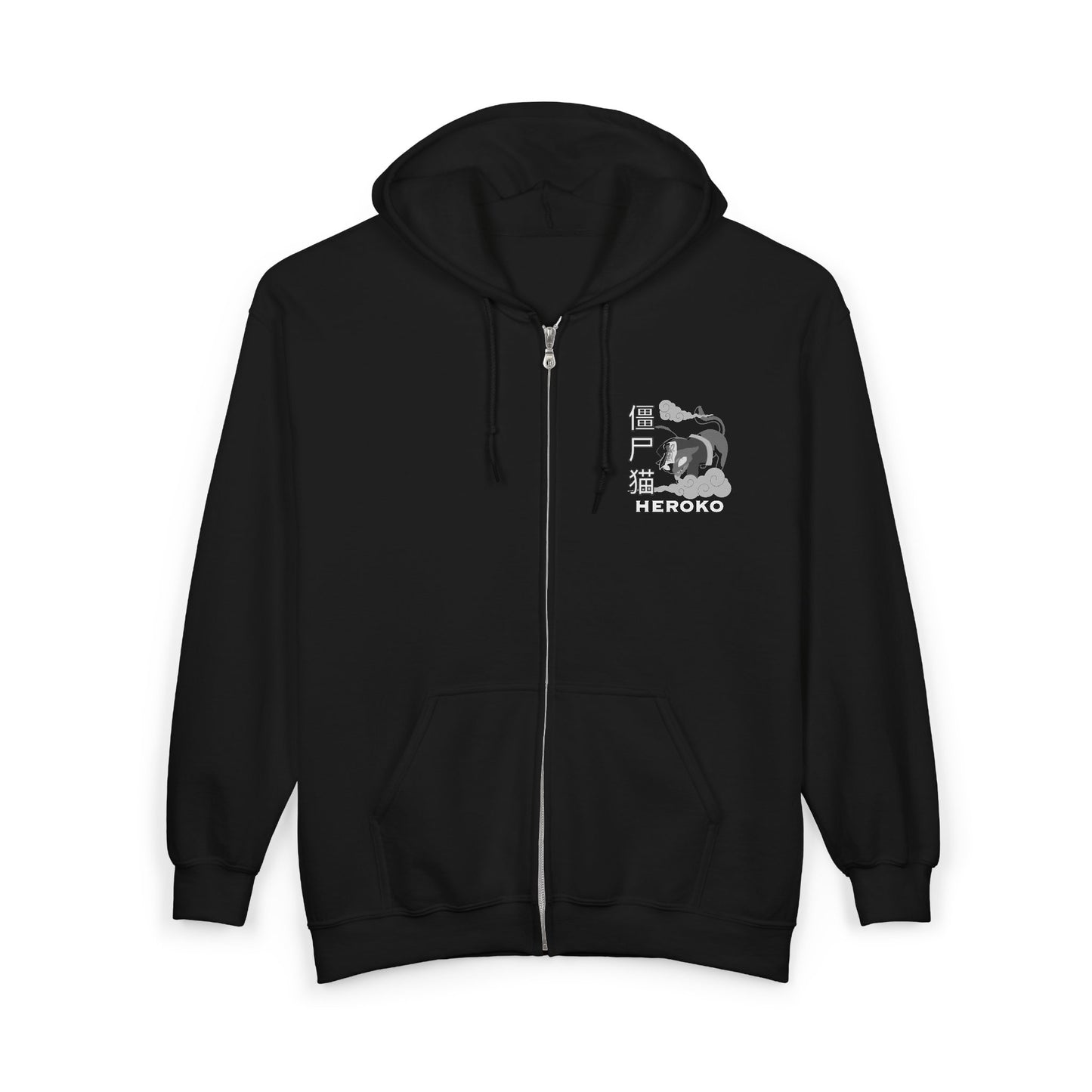 Spooky Unisex Full Zipped Hoodie, Chinese Ancient Zombie Cat B&W Design