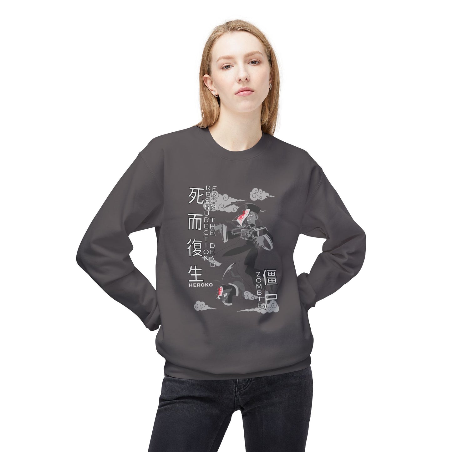 Halloween Unisex Crewneck Sweatshirt, Chinese Ancient Zombies B&W Design