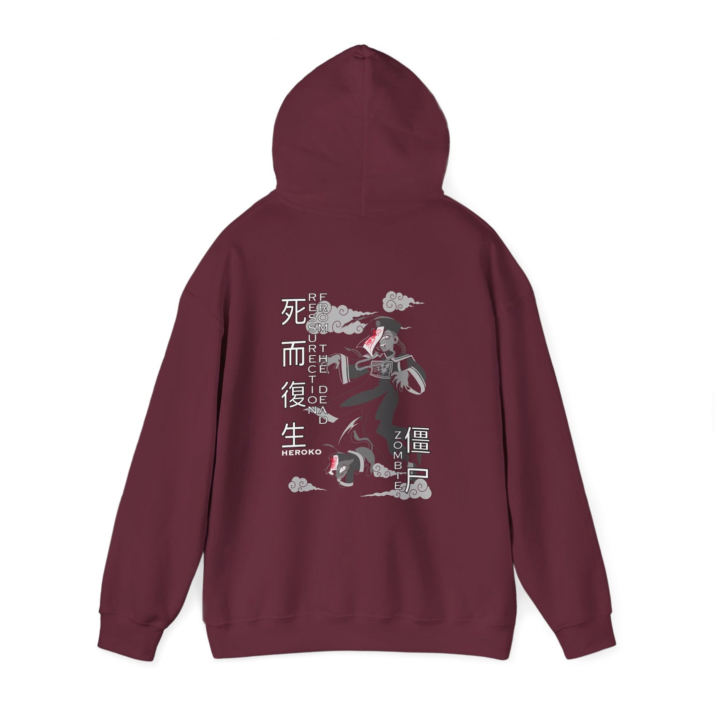 Spooky Unisex Hoodie, Chinese Ancient Zombies B&W Design on Back
