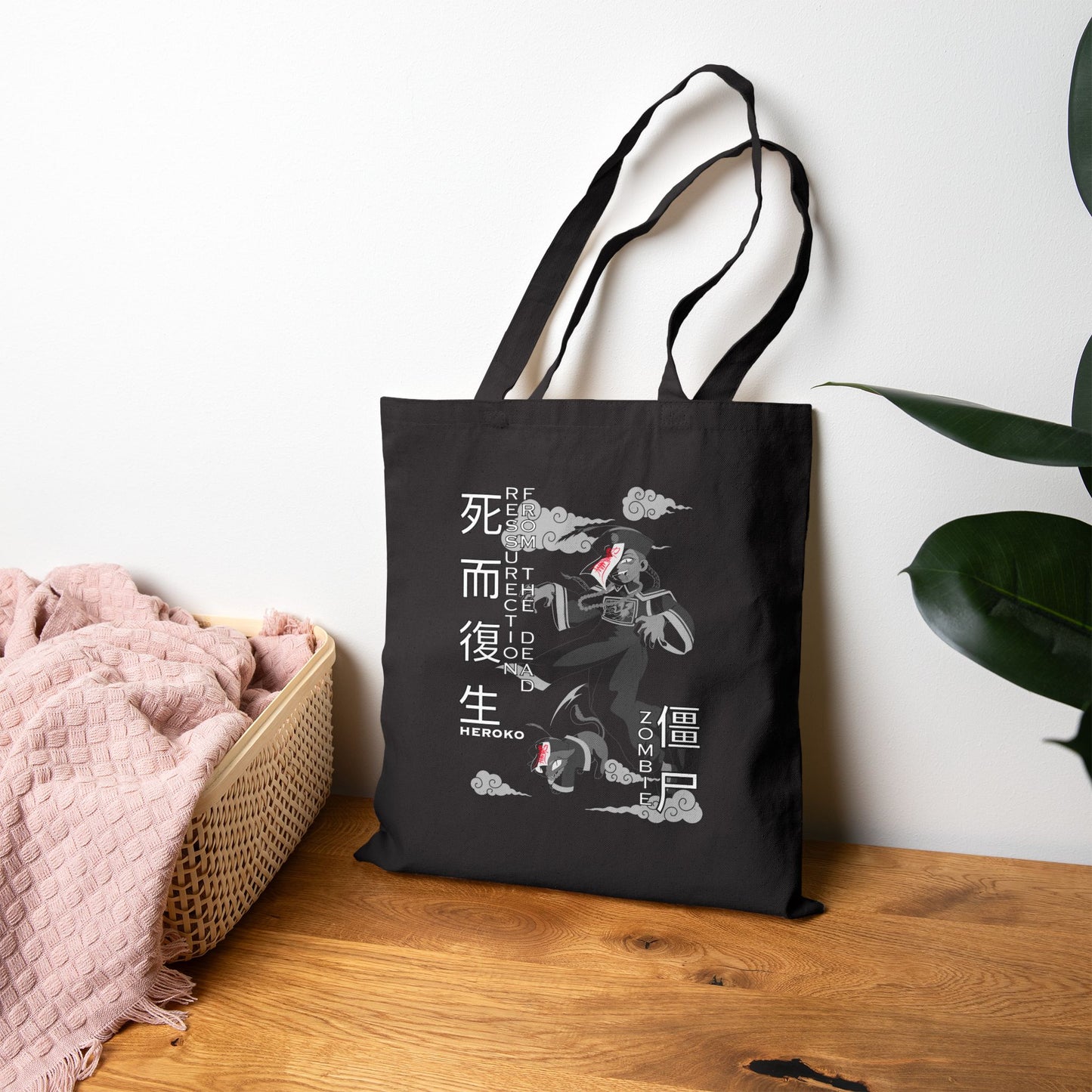 Spooky Canvas Tote Bag, Chinese Ancient Zombies B&W Design