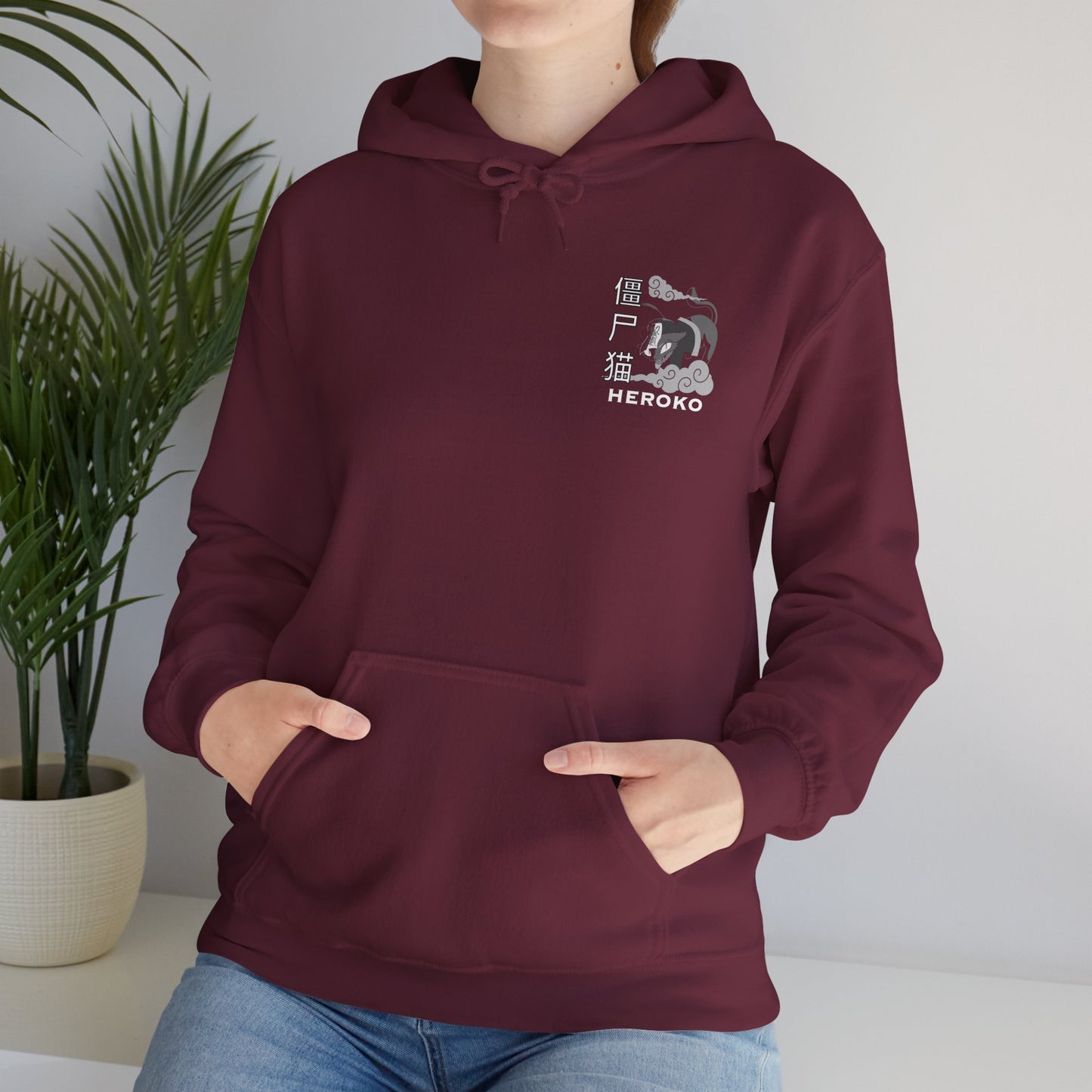 Spooky Unisex Hoodie, Chinese Ancient Zombie Cat B&W Design