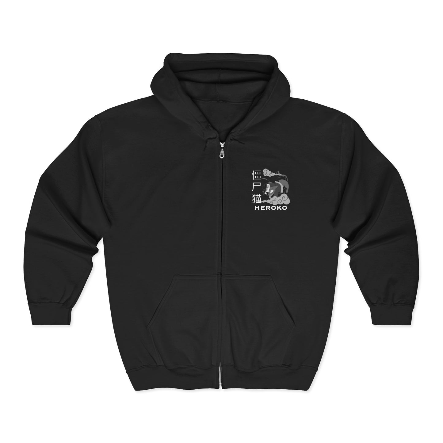 Spooky Unisex Full Zipped Hoodie, Chinese Ancient Zombie Cat B&W Design