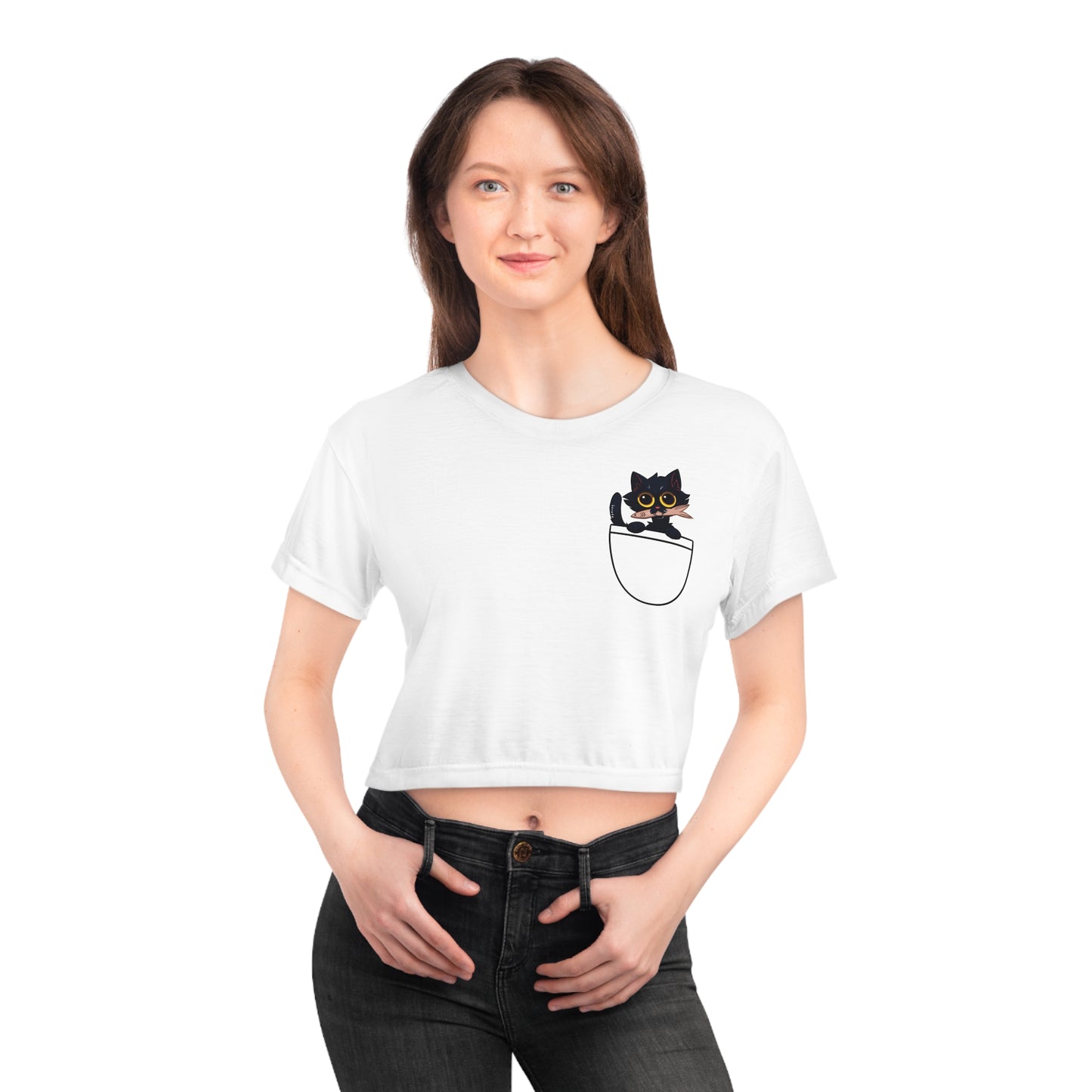 Women's BLACK CAT W/FISH White Crop Tee