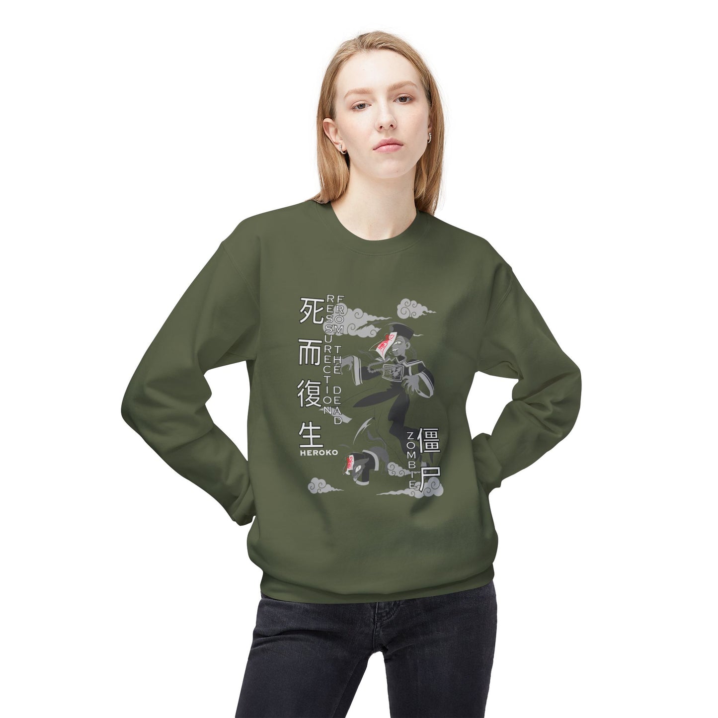 Halloween Unisex Crewneck Sweatshirt, Chinese Ancient Zombies B&W Design
