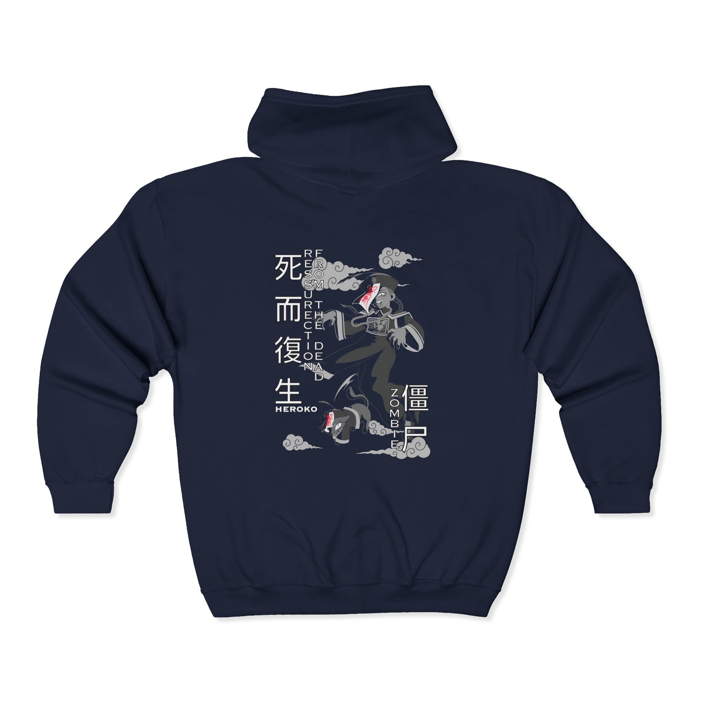 Spooky Unisex Full Zipped Hoodie, Chinese Ancient Zombies B&W Design on Back