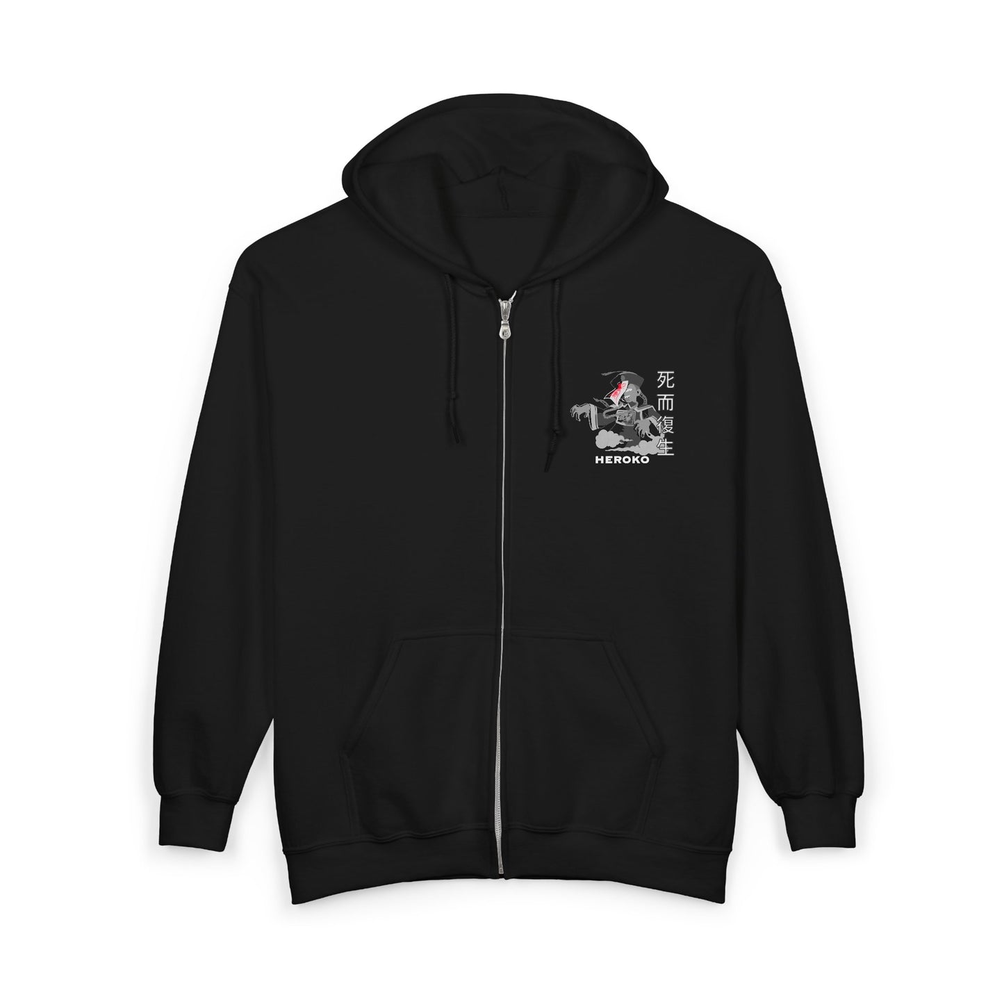 Spooky Unisex Full Zipped Hoodie, Chinese Ancient Zombie B&W Design