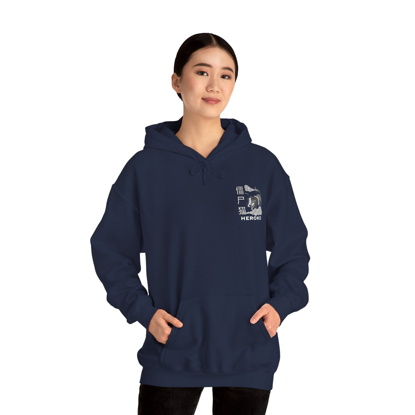 Spooky Unisex Hoodie, Chinese Ancient Zombie Cat B&W Design