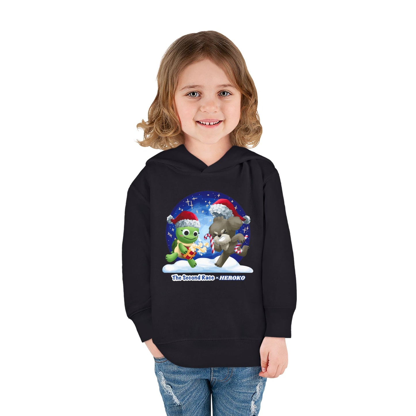 Toddler Pullover Hoodie - The Second Race: Turtle and Puppy Snow Globe Christmas Design