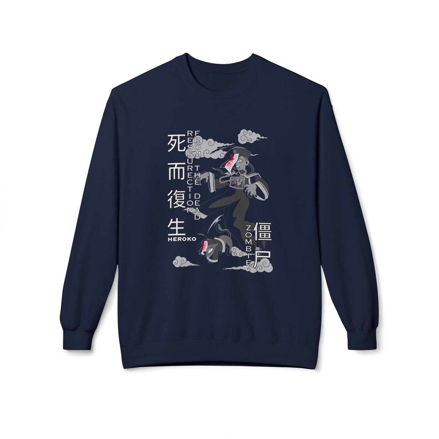 Halloween Unisex Crewneck Sweatshirt, Chinese Ancient Zombies B&W Design