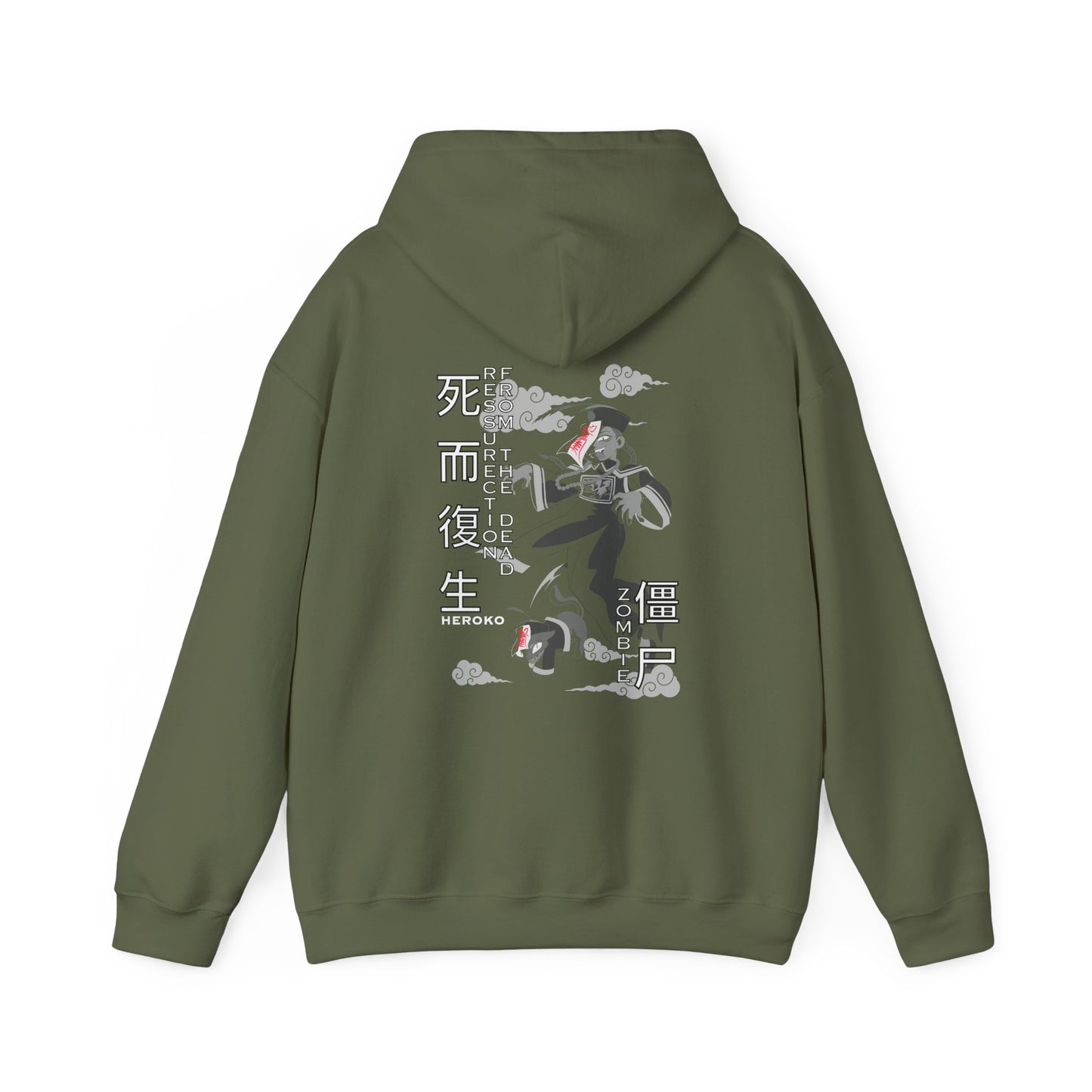 Spooky Unisex Hoodie, Chinese Ancient Zombies B&W Design on Back