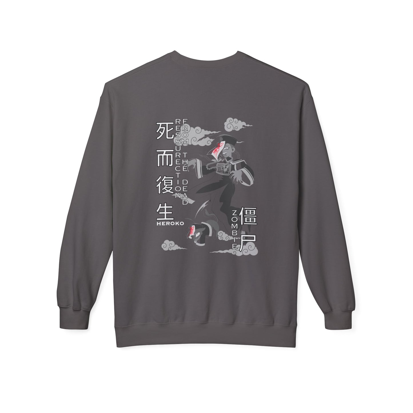Spooky Unisex Crewneck Sweatshirt, Chinese Ancient Zombies B&W Design on Back