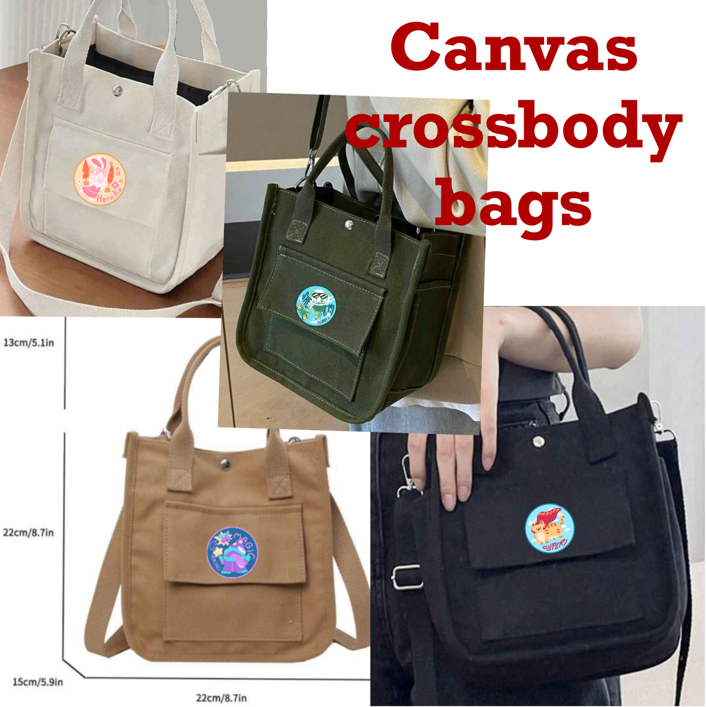 Small Canvas Tote Bags with Patches for Women with Crossbody Strap