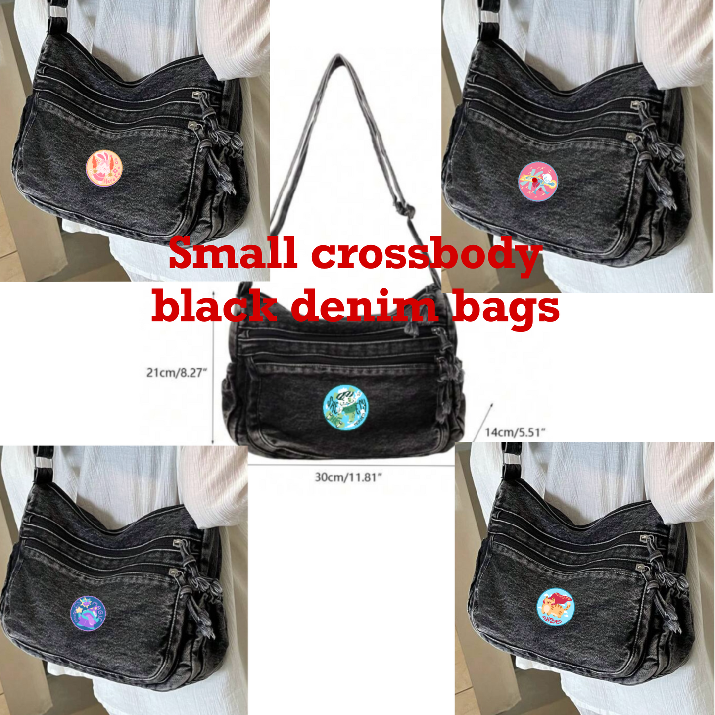 Small multi -pocket women's crossbody black denim bags