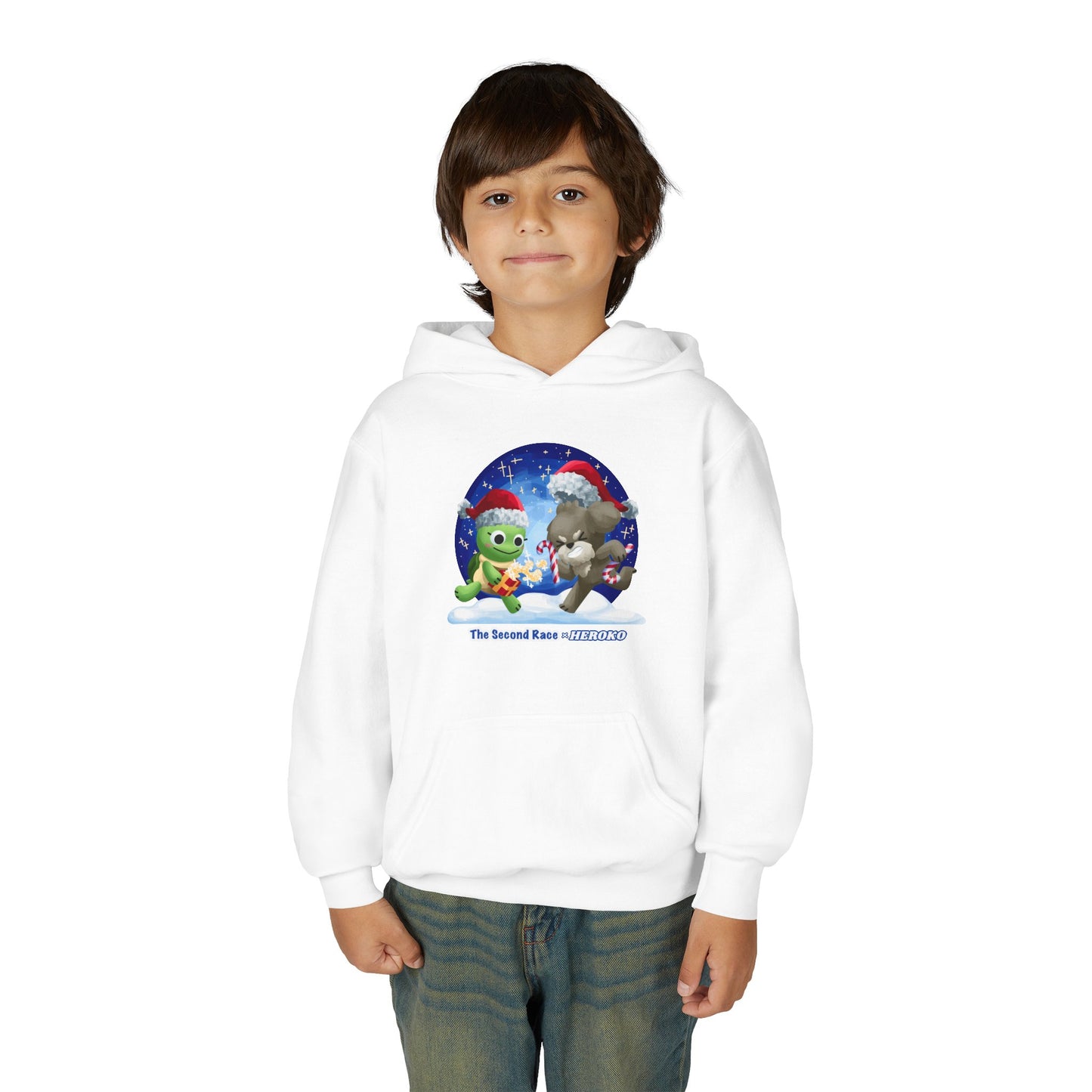Kids Holiday Hoodie — Cute Christmas Turtle and Puppy Friends "The Second Race"