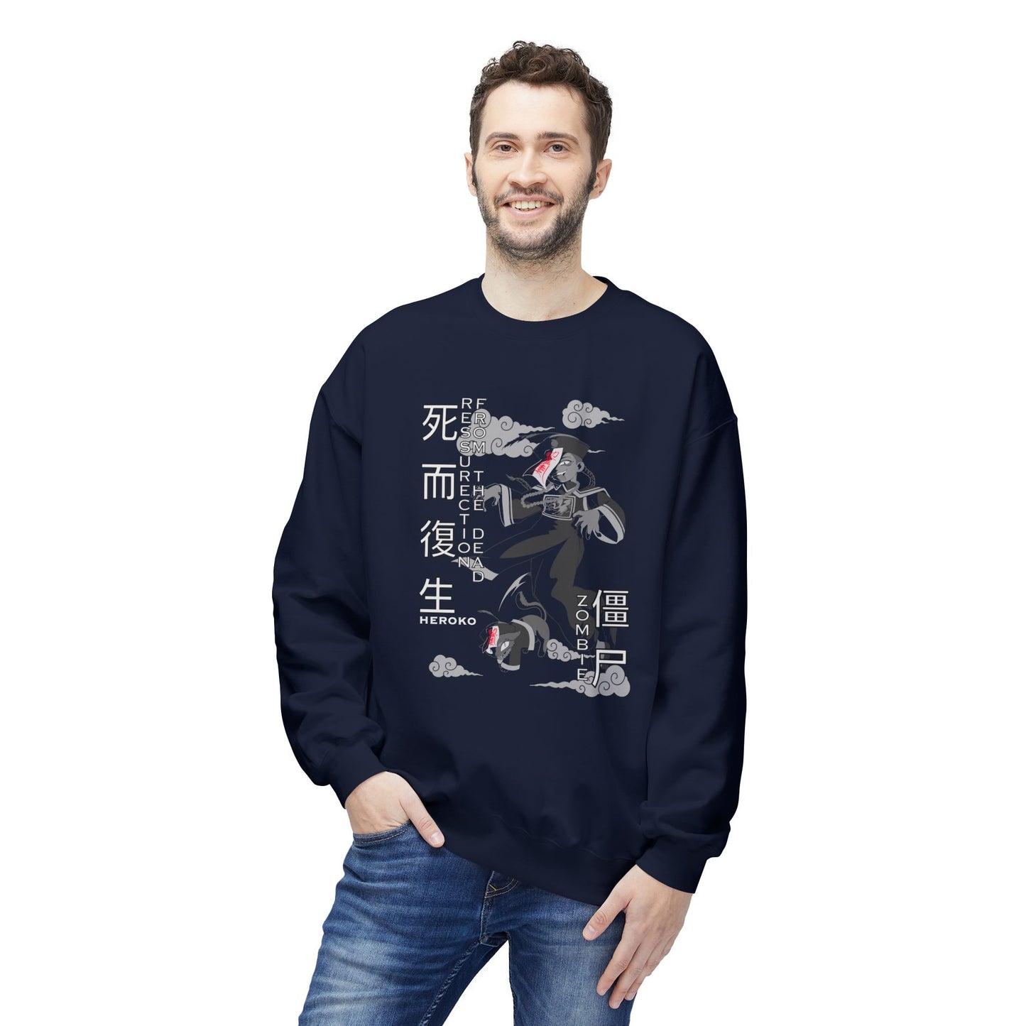 Halloween Unisex Crewneck Sweatshirt, Chinese Ancient Zombies B&W Design