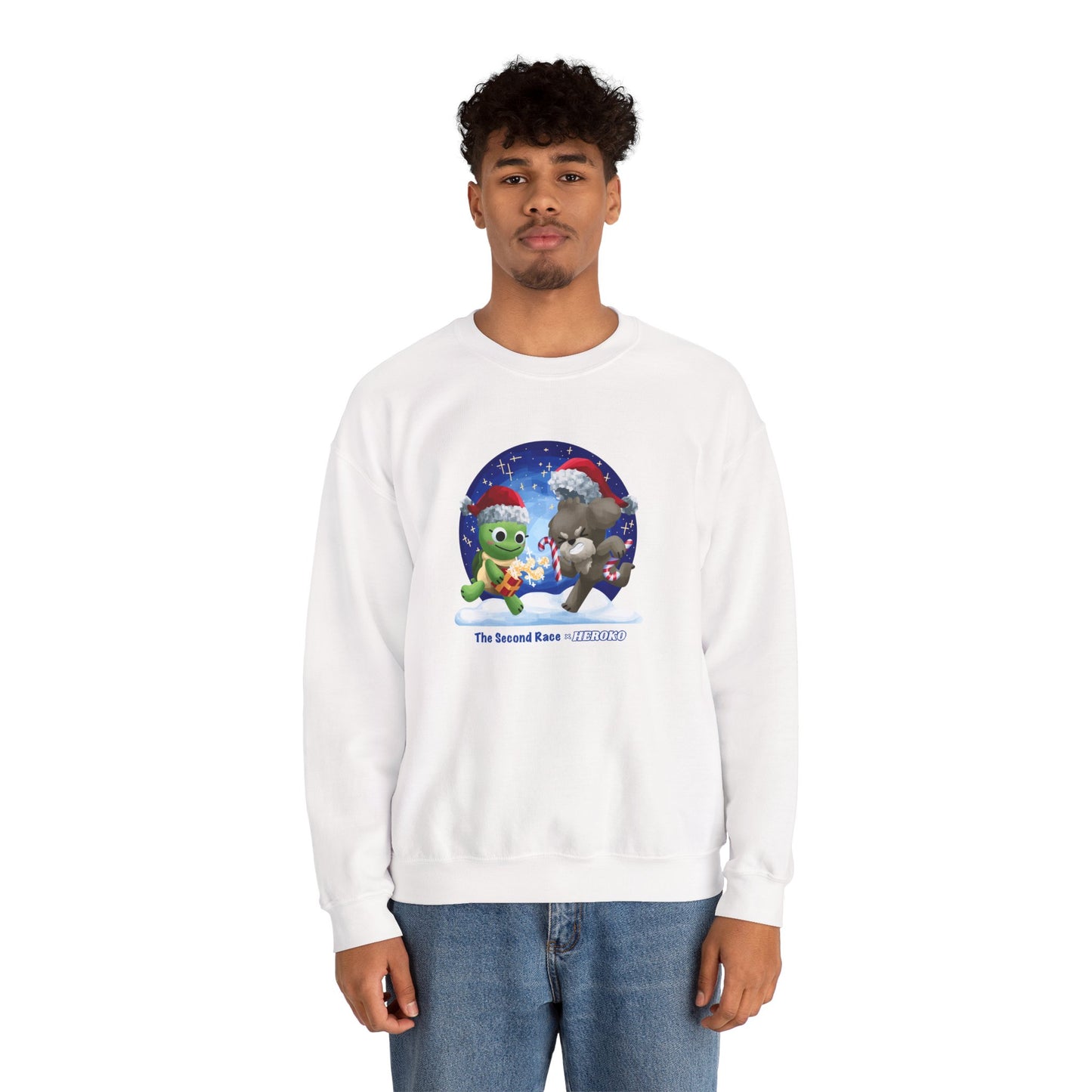 Adults Holiday Crewneck Sweatshirt — Festive Friends "The Second Race" Snow Globe Design