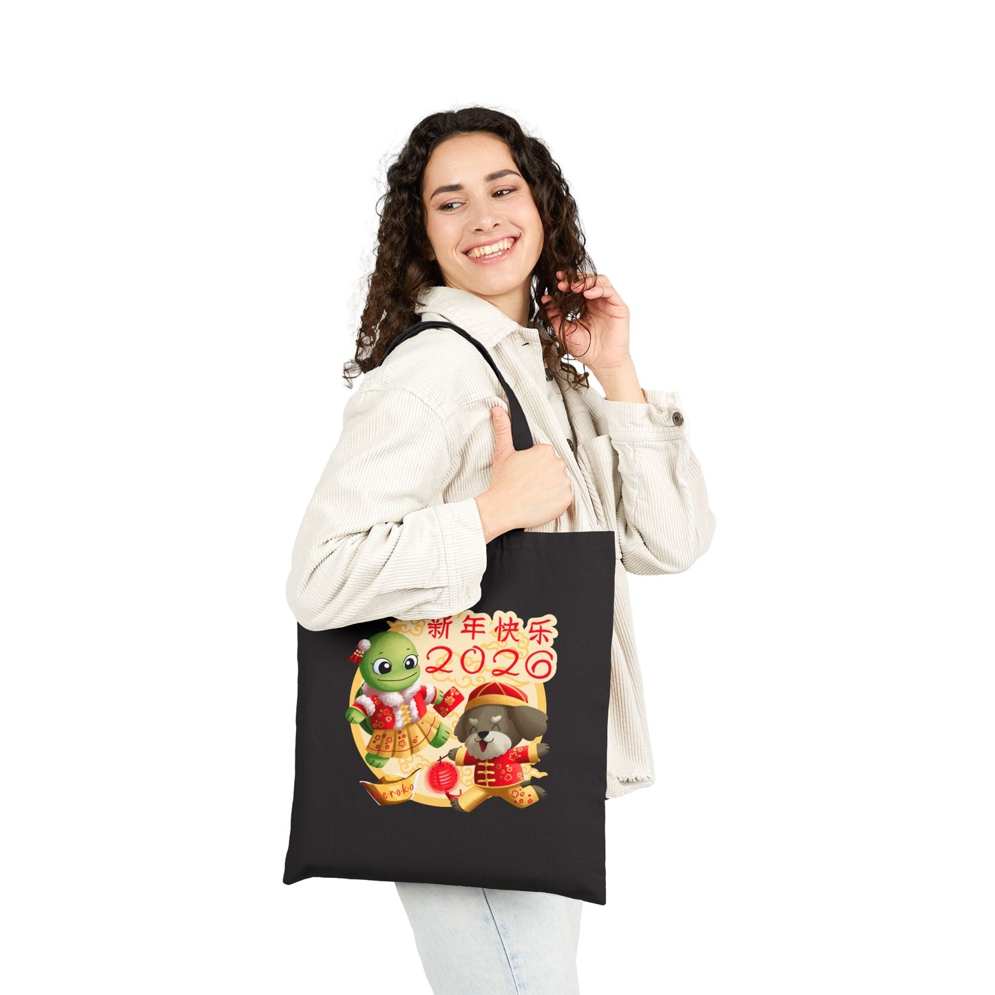Canvas Tote Bag - Turtle and Dog in Lunar New Year Outfits Design
