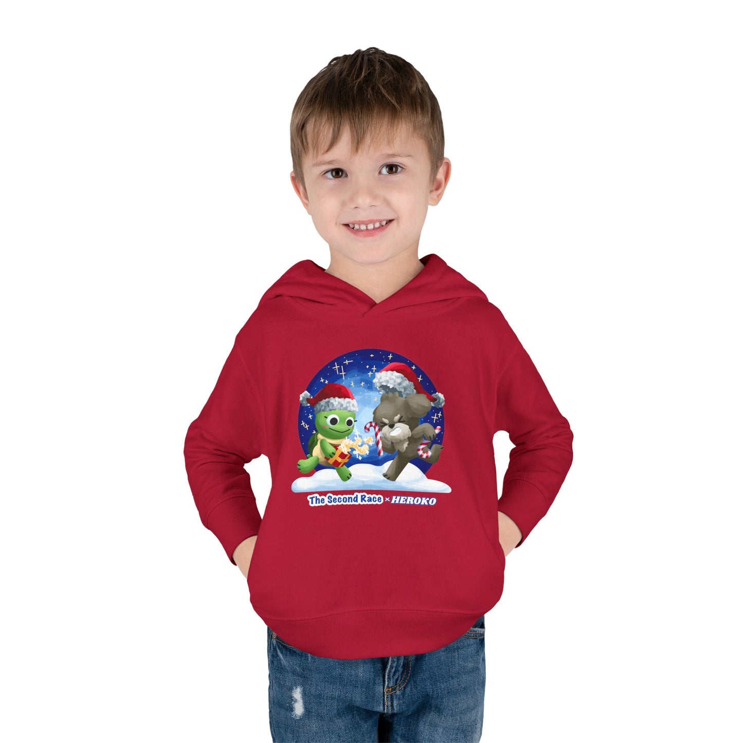 Toddler Pullover Hoodie - The Second Race: Turtle and Puppy Snow Globe Christmas Design