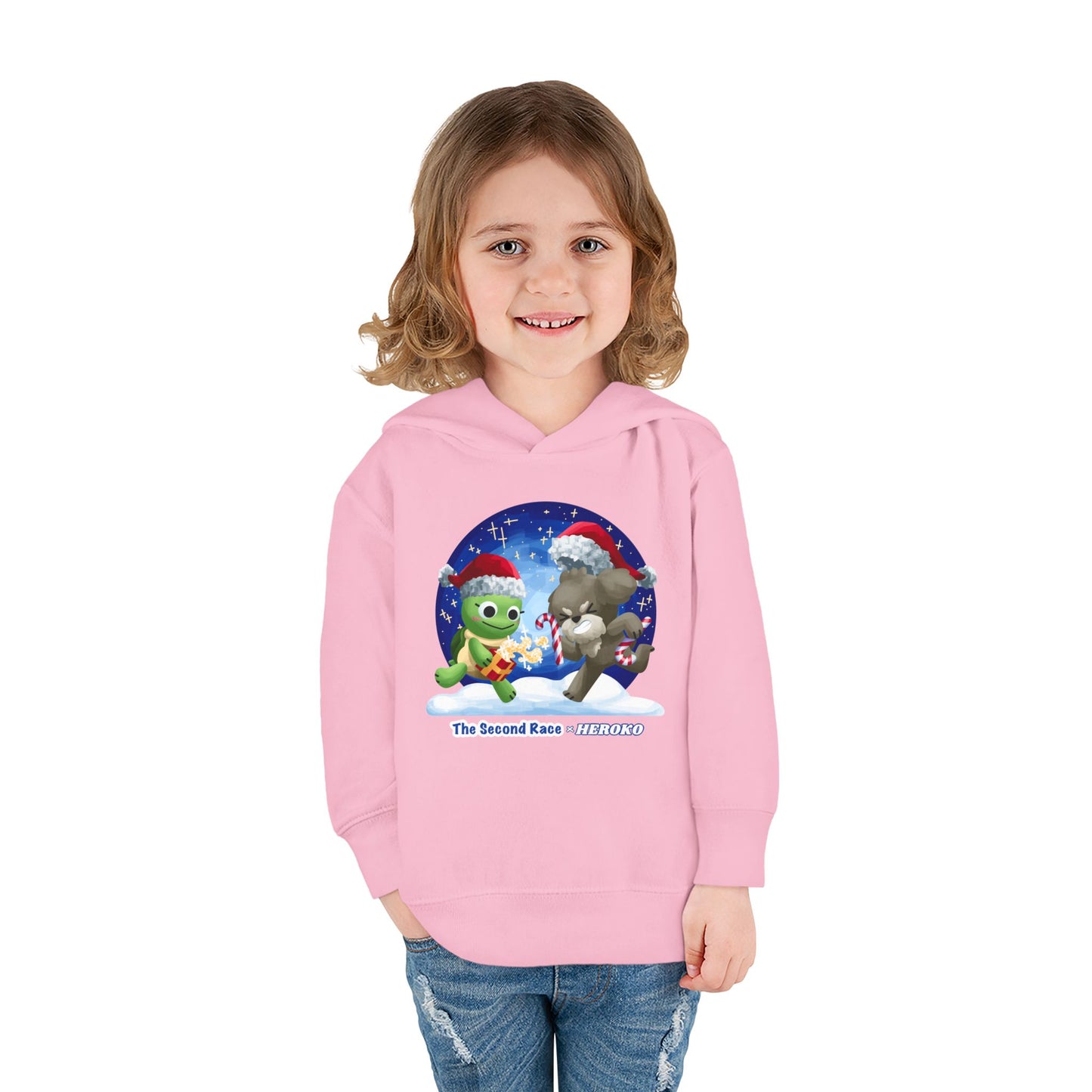 Toddler Pullover Hoodie - The Second Race: Turtle and Puppy Snow Globe Christmas Design