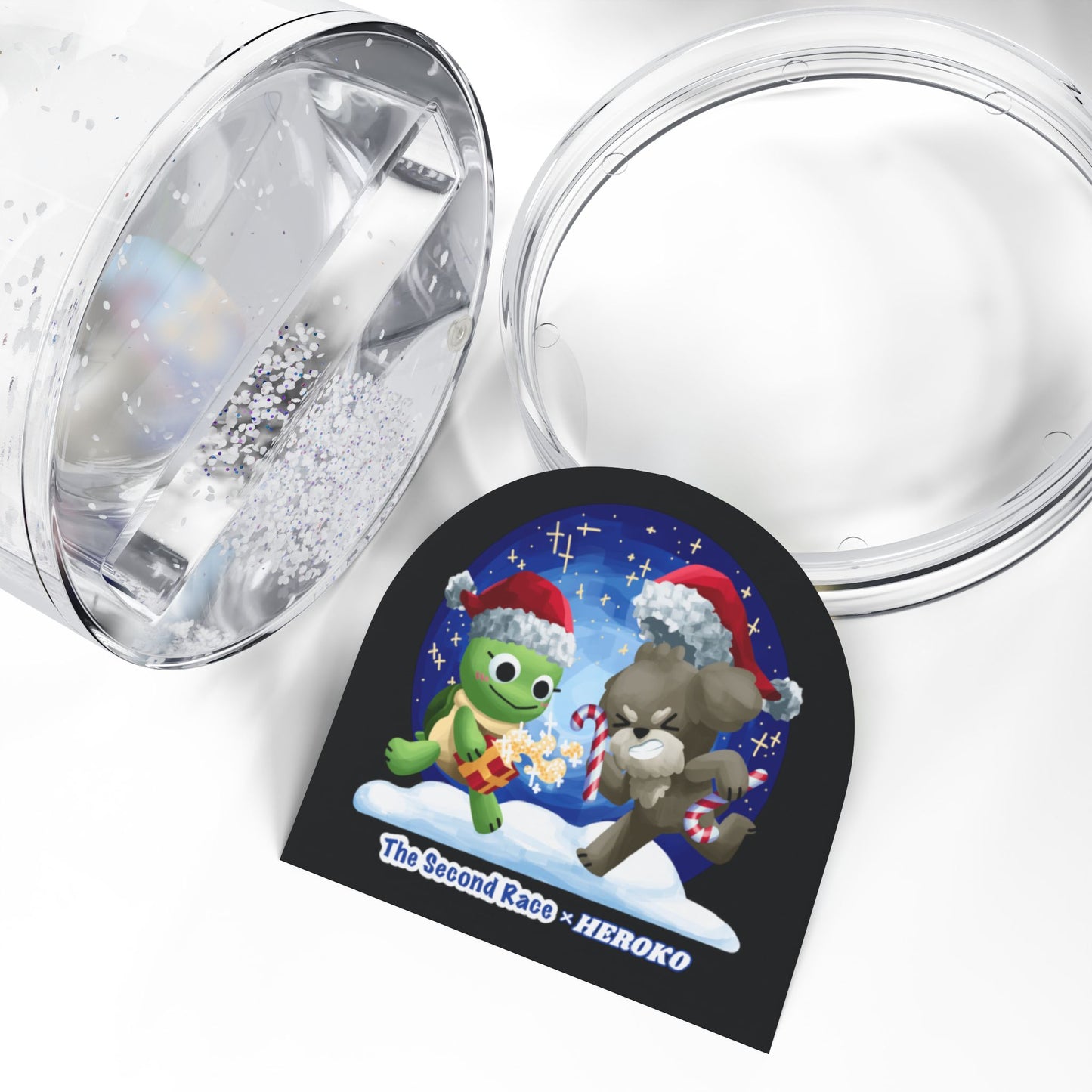 Holidays Snow Globe — Cute Turtle and Puppy in Santa Hats with Candy Cane Scene