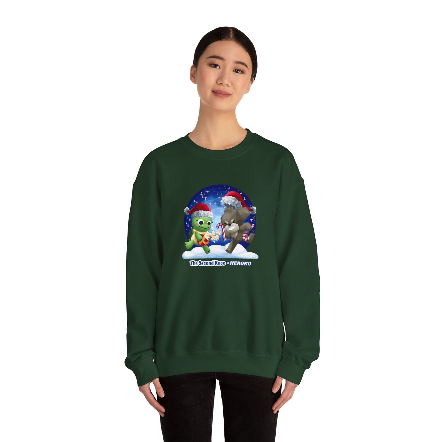 Adults Holiday Crewneck Sweatshirt — Festive Friends "The Second Race" Snow Globe Design