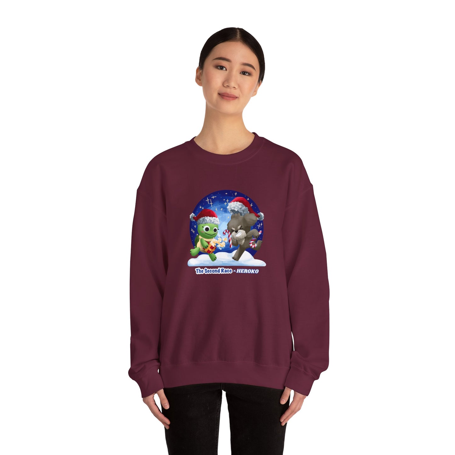 Adults Holiday Crewneck Sweatshirt — Festive Friends "The Second Race" Snow Globe Design