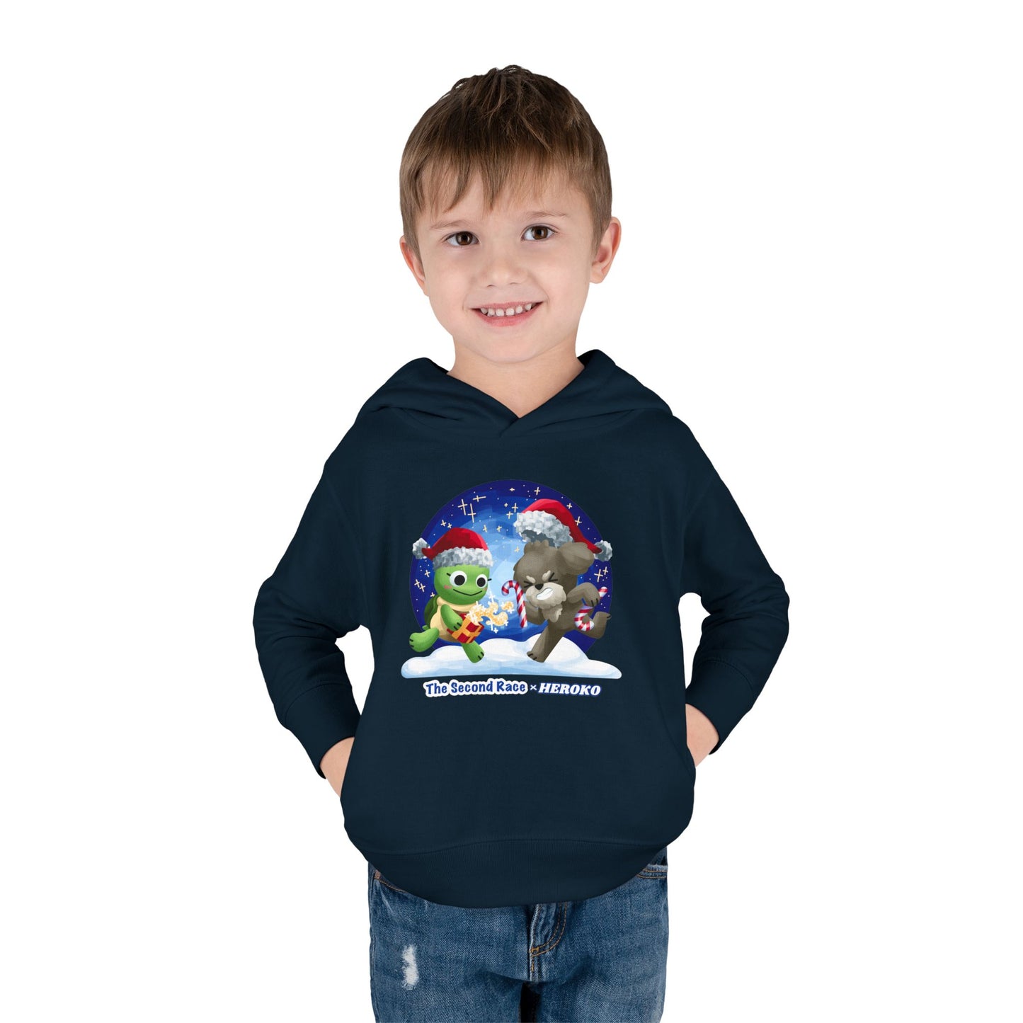 Toddler Pullover Hoodie - The Second Race: Turtle and Puppy Snow Globe Christmas Design