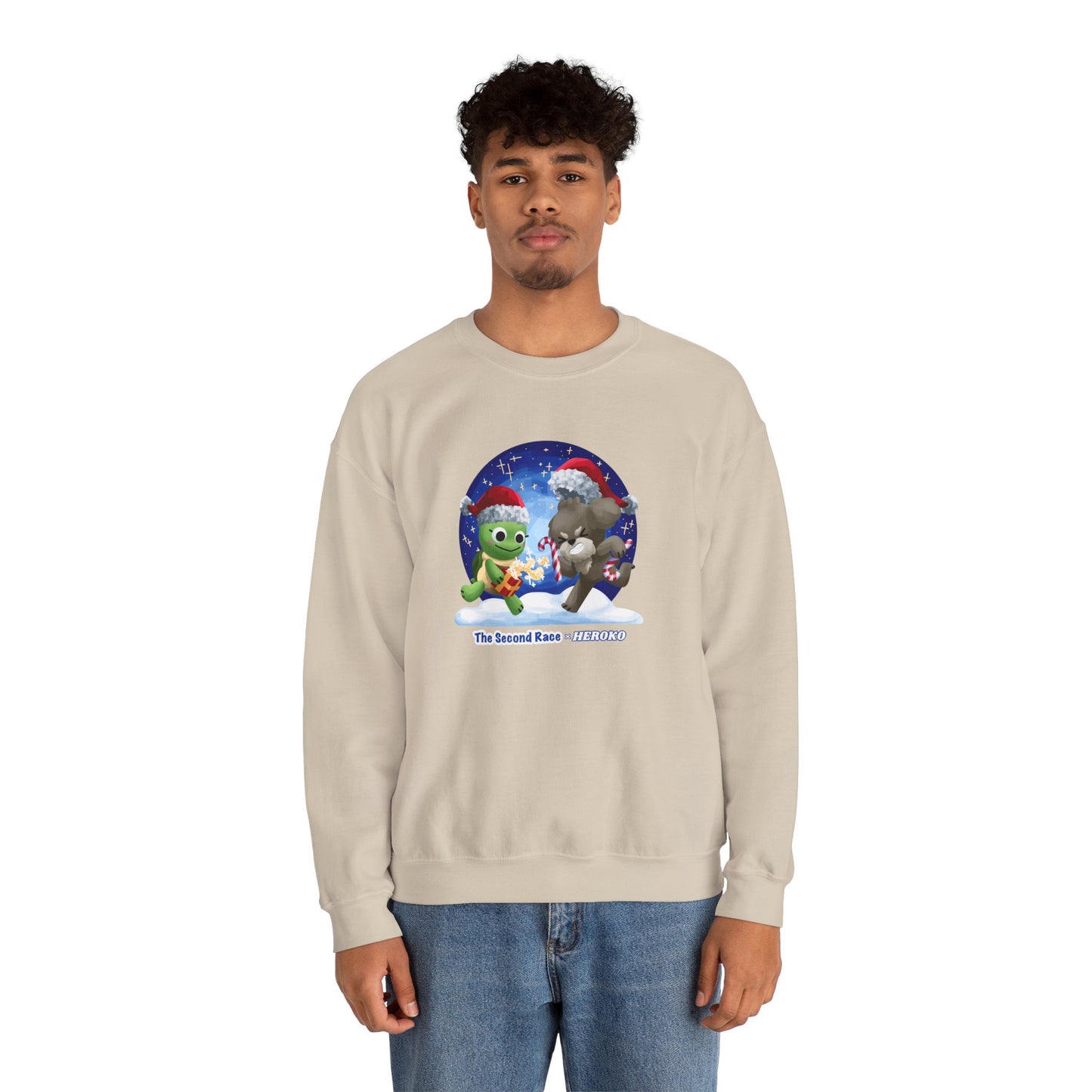Adults Holiday Crewneck Sweatshirt — Festive Friends "The Second Race" Snow Globe Design