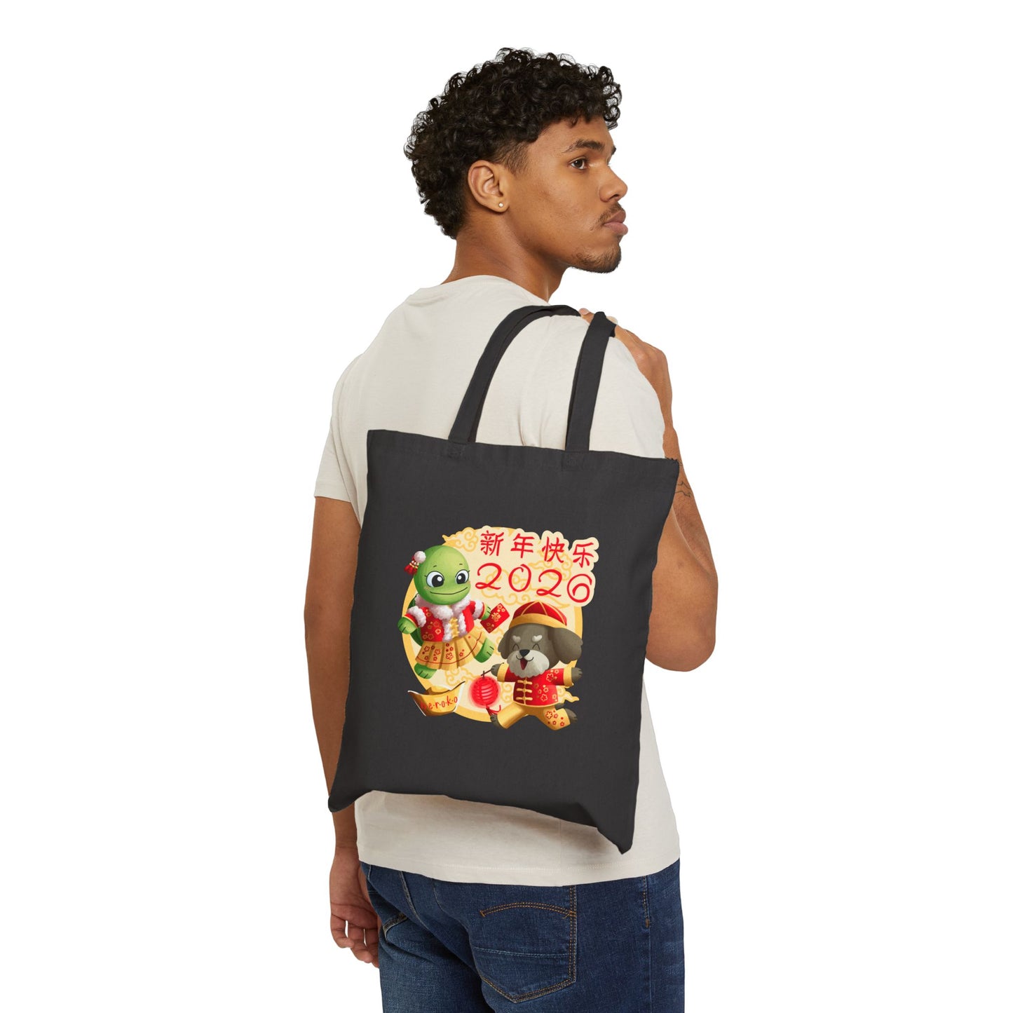 Canvas Tote Bag - Turtle and Dog in Lunar New Year Outfits Design