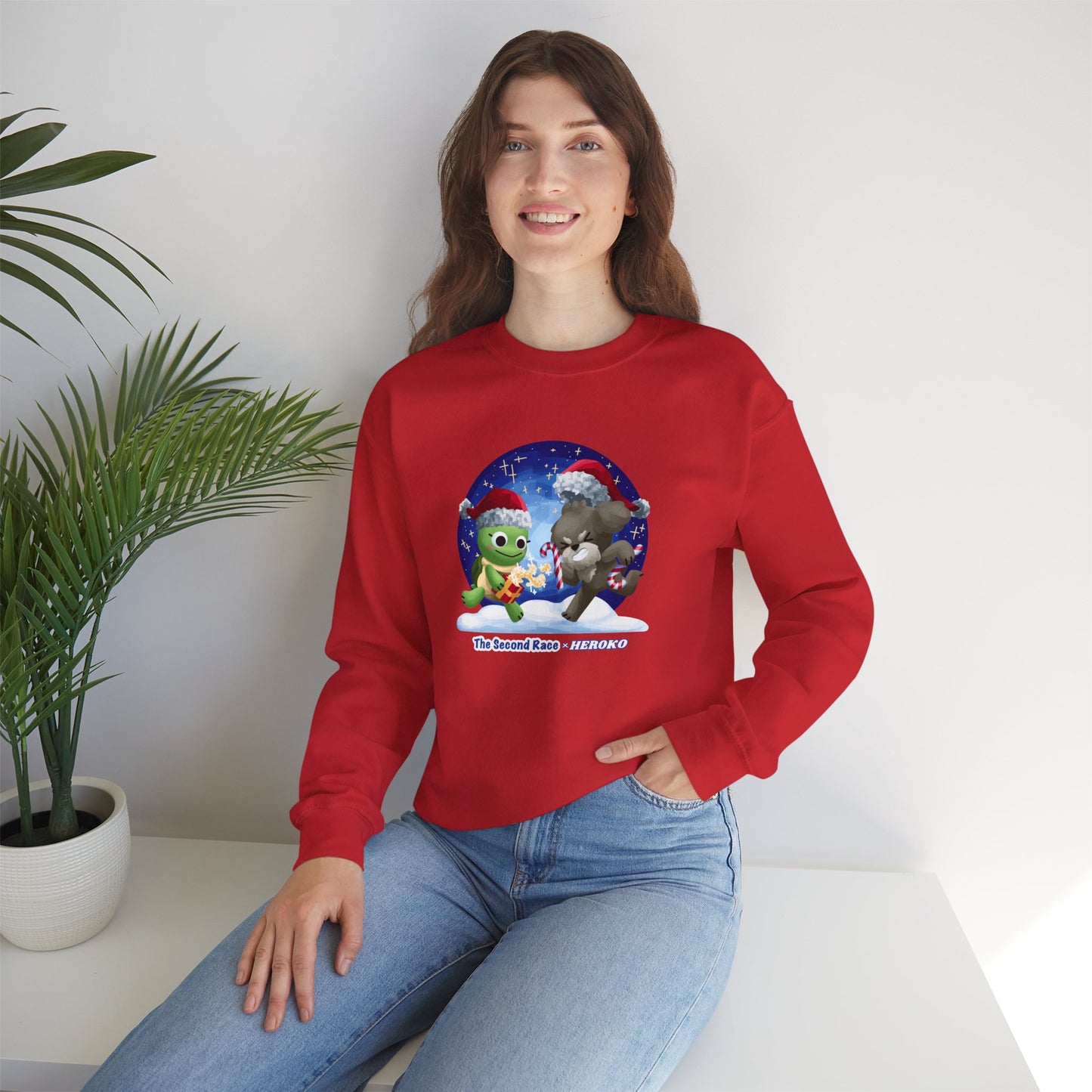 Adults Holiday Crewneck Sweatshirt — Festive Friends "The Second Race" Snow Globe Design