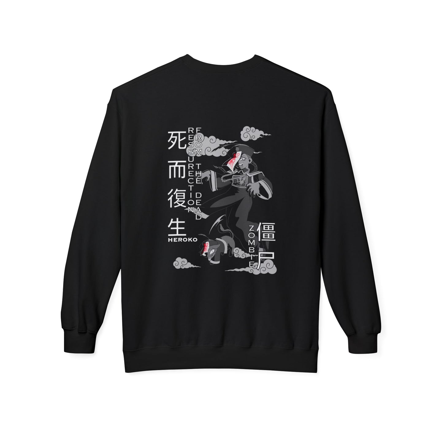 Spooky Unisex Crewneck Sweatshirt, Chinese Ancient Zombies B&W Design on Back
