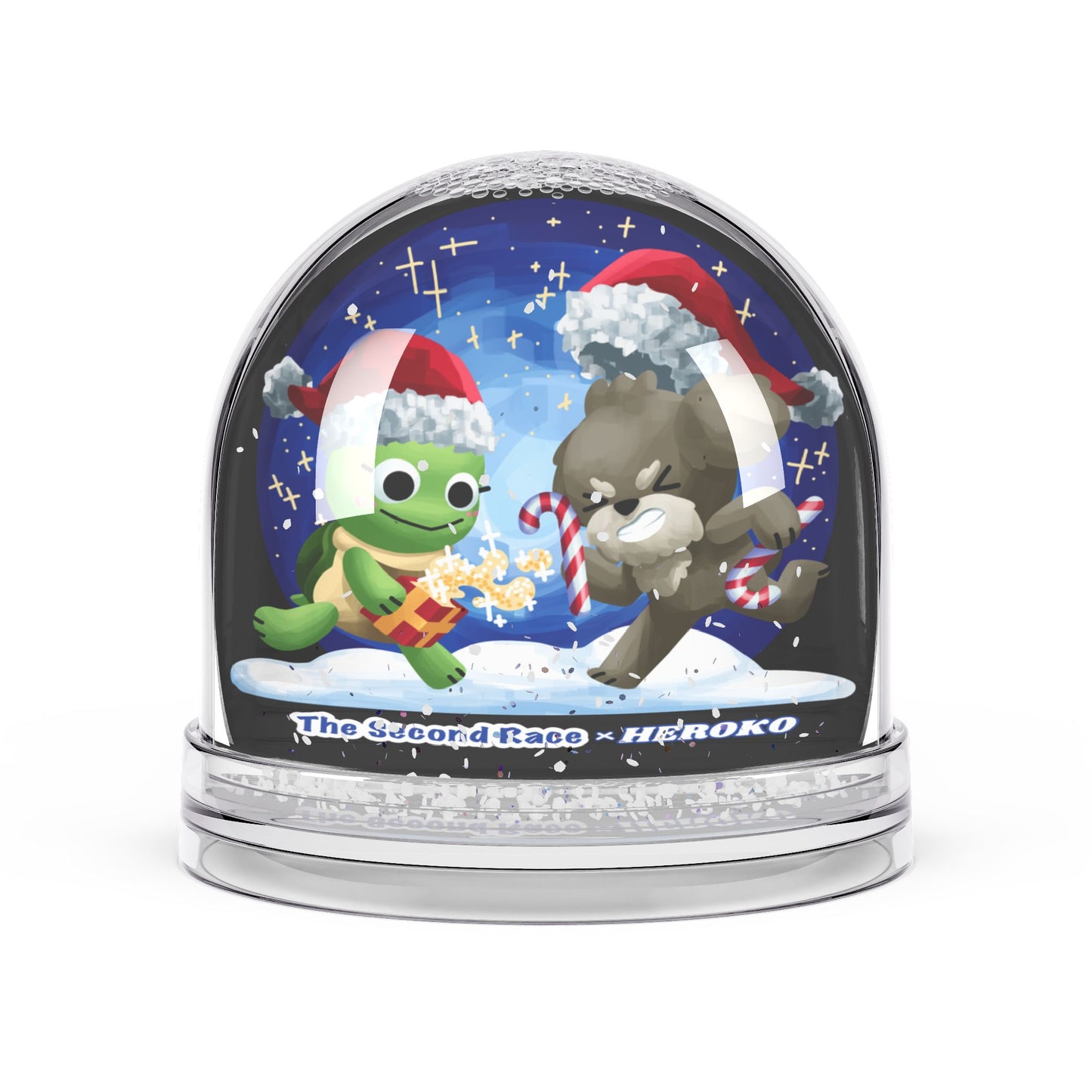 Holidays Snow Globe — Cute Turtle and Puppy in Santa Hats with Candy Cane Scene