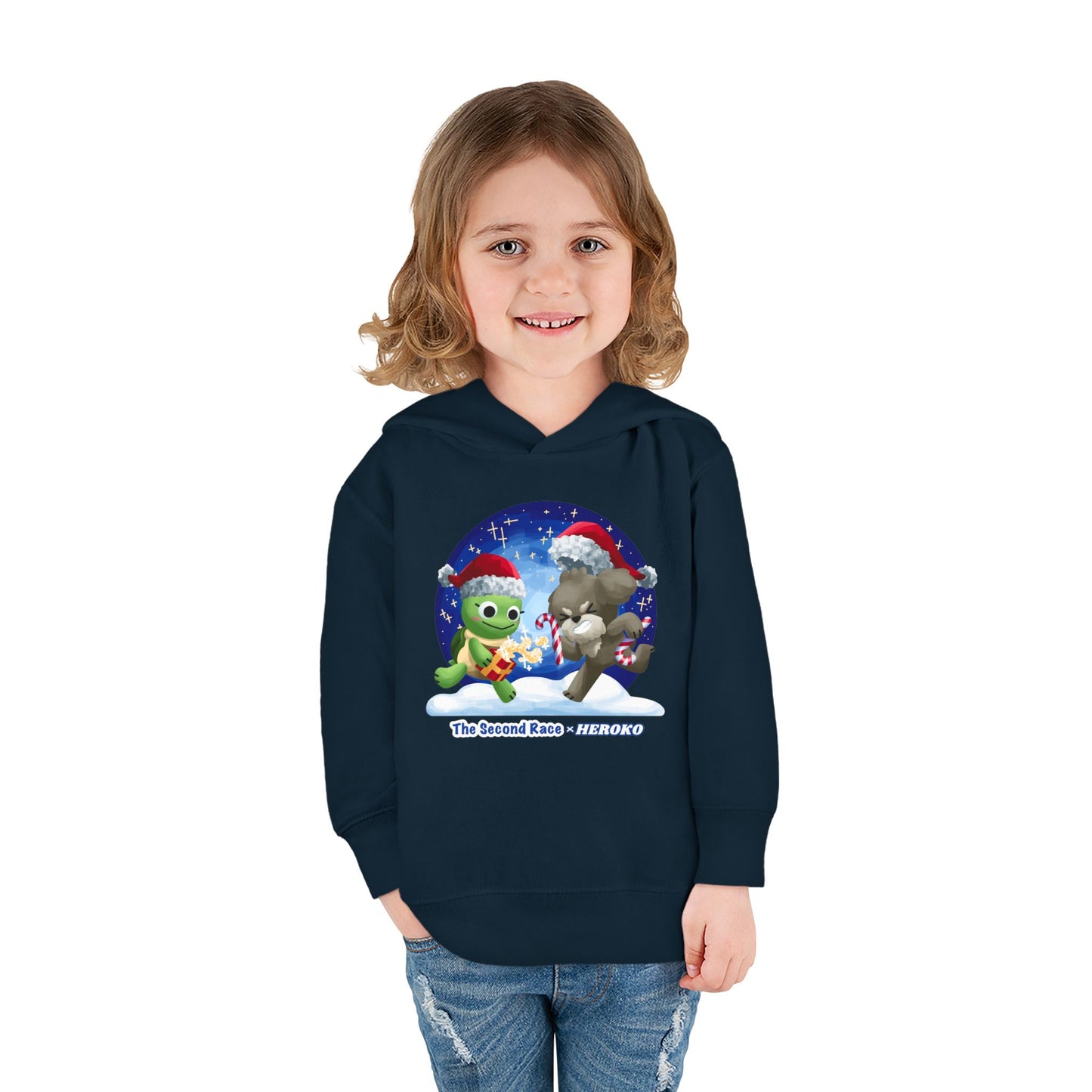 Toddler Pullover Hoodie - The Second Race: Turtle and Puppy Snow Globe Christmas Design