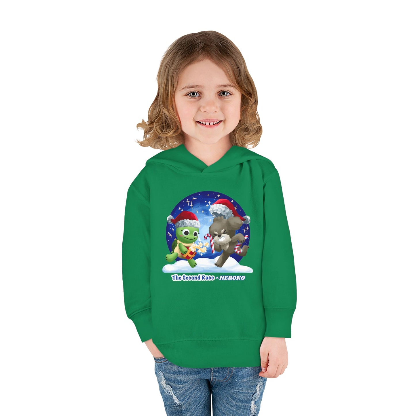 Toddler Pullover Hoodie - The Second Race: Turtle and Puppy Snow Globe Christmas Design