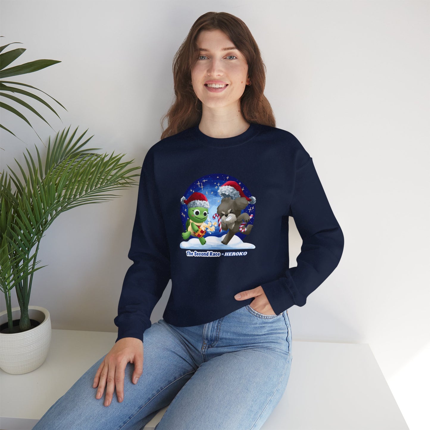Adults Holiday Crewneck Sweatshirt — Festive Friends "The Second Race" Snow Globe Design